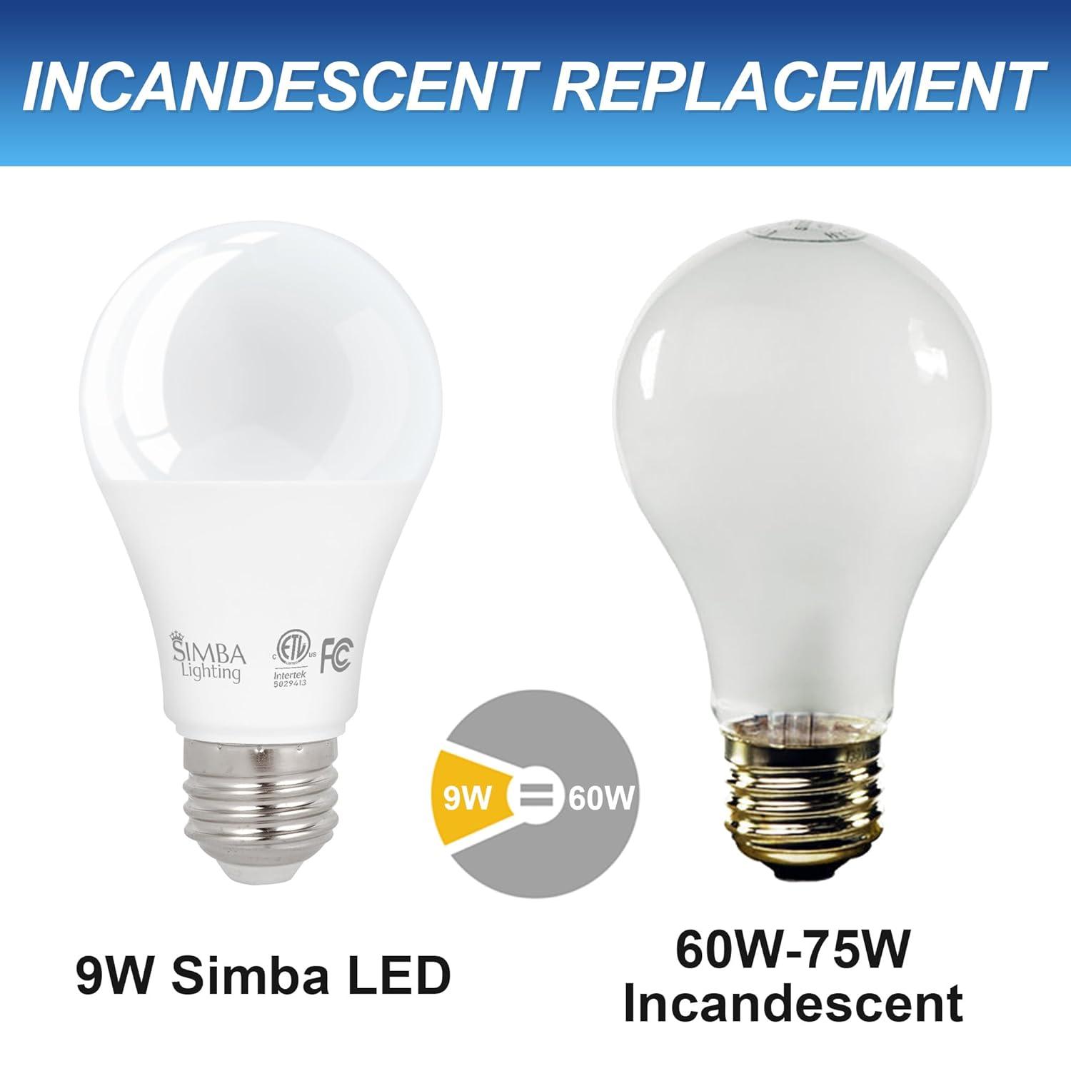 Simba Lighting LED A19 ETL Listed 9W 60W-75W Equivalent Dimmable Bulbs 120V E26 Base 5000K Daylight 6-Pack