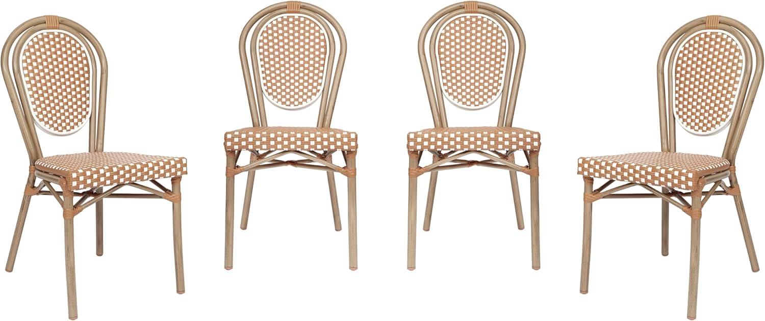 Flash Furniture 4 PK Lourdes Indoor/Outdoor Commercial Thonet Bistro Stack Chair, Natural/White PE Rattan & Bamboo Print Aluminum Frame in Light Nat