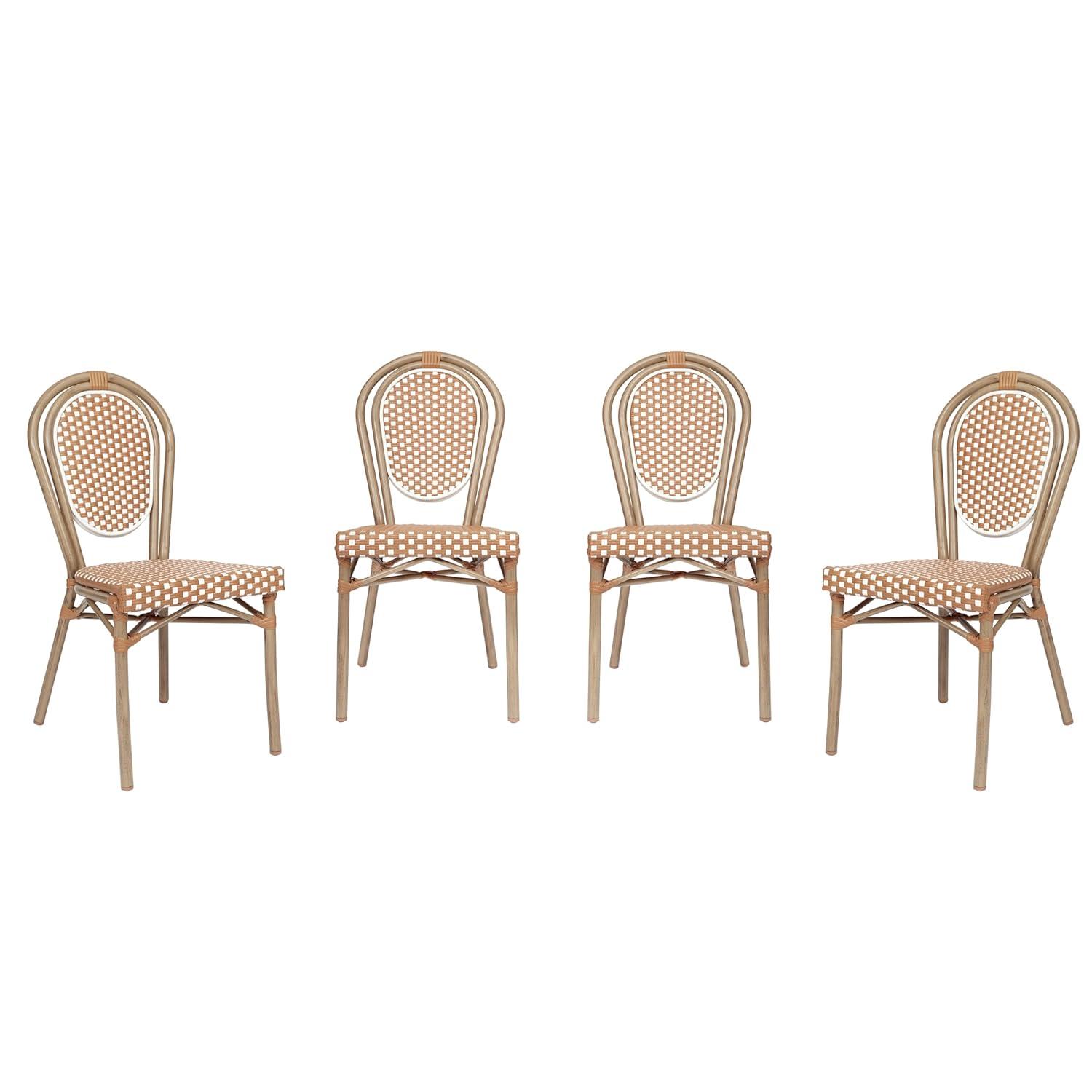 Flash Furniture 4 PK Lourdes Indoor/Outdoor Commercial Thonet Bistro Stack Chair, Natural/White PE Rattan & Bamboo Print Aluminum Frame in Light Nat