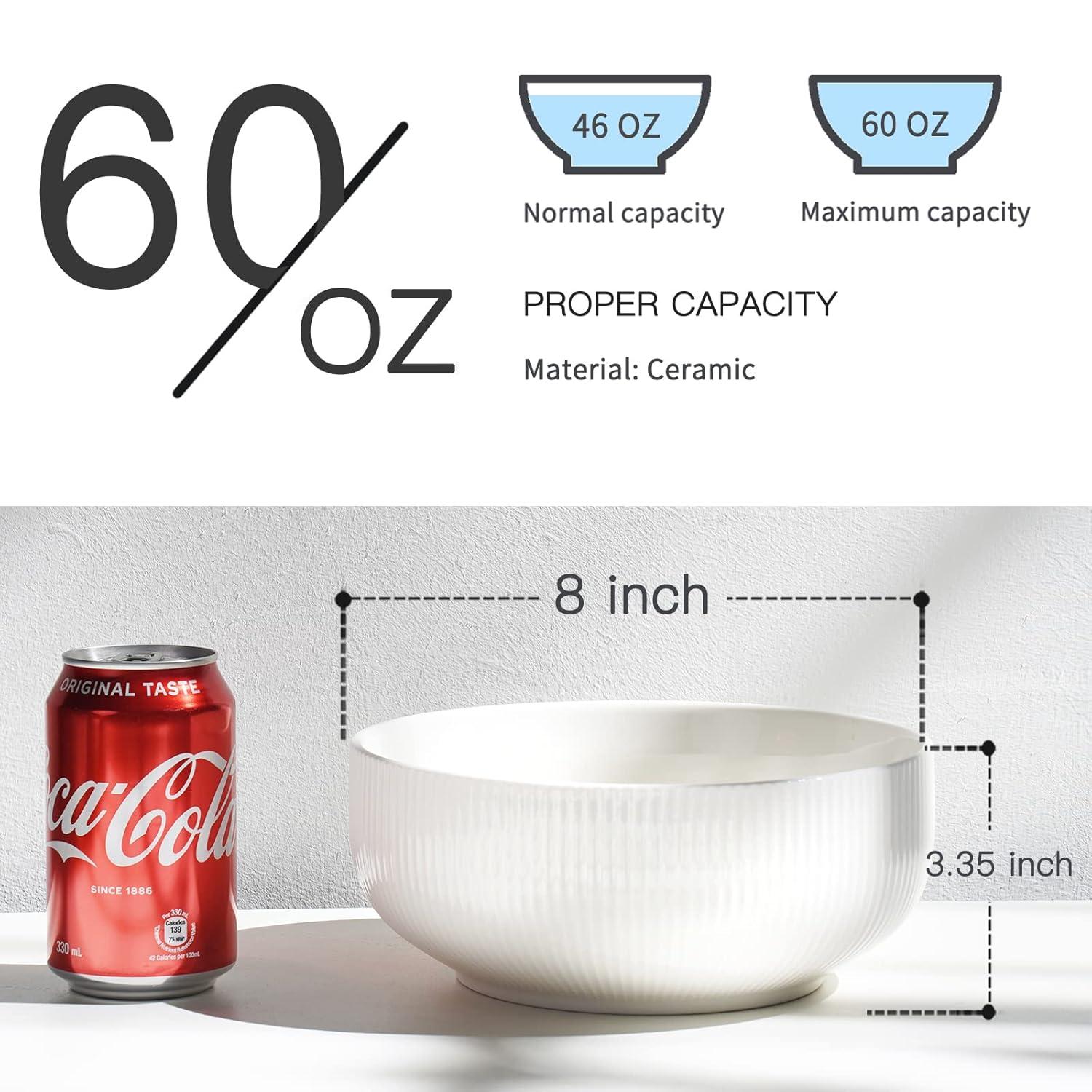 getstar Salad Bowl, 8 inch 60 oz Large Serving 2 Packs Ceramic Bowl Set, Microwave & Freezer Safe, Bowl Set of 2 For Fruit Soup Pasta Popcorn (White)