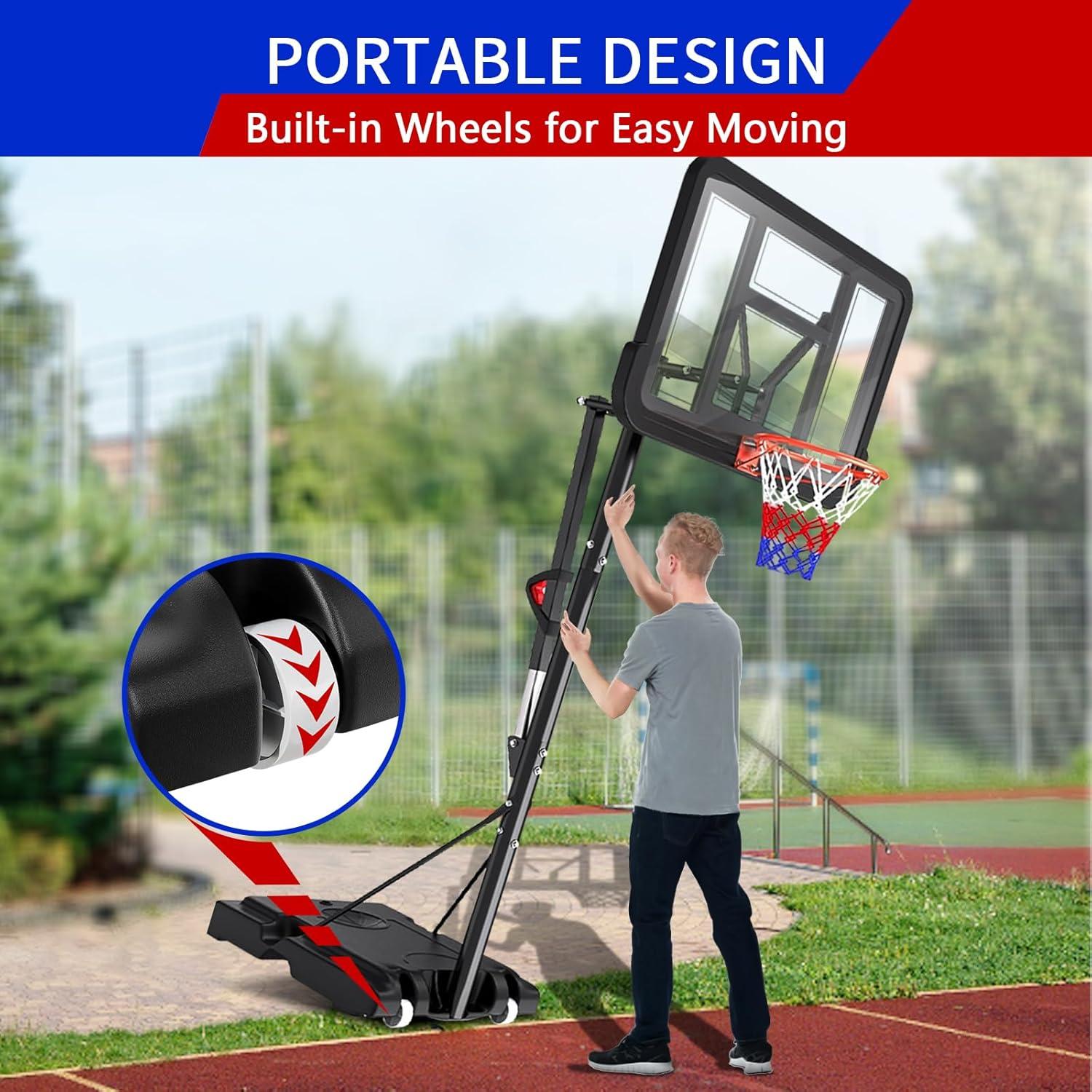 Portable Basketball Hoop,5.5-10FT Height Adjustable Outdoor Basketball Hoop Goal with 44 Inch Impact Backboard and Portable Wheels for Youth Adults Play in Backyard/Courts/Indoor