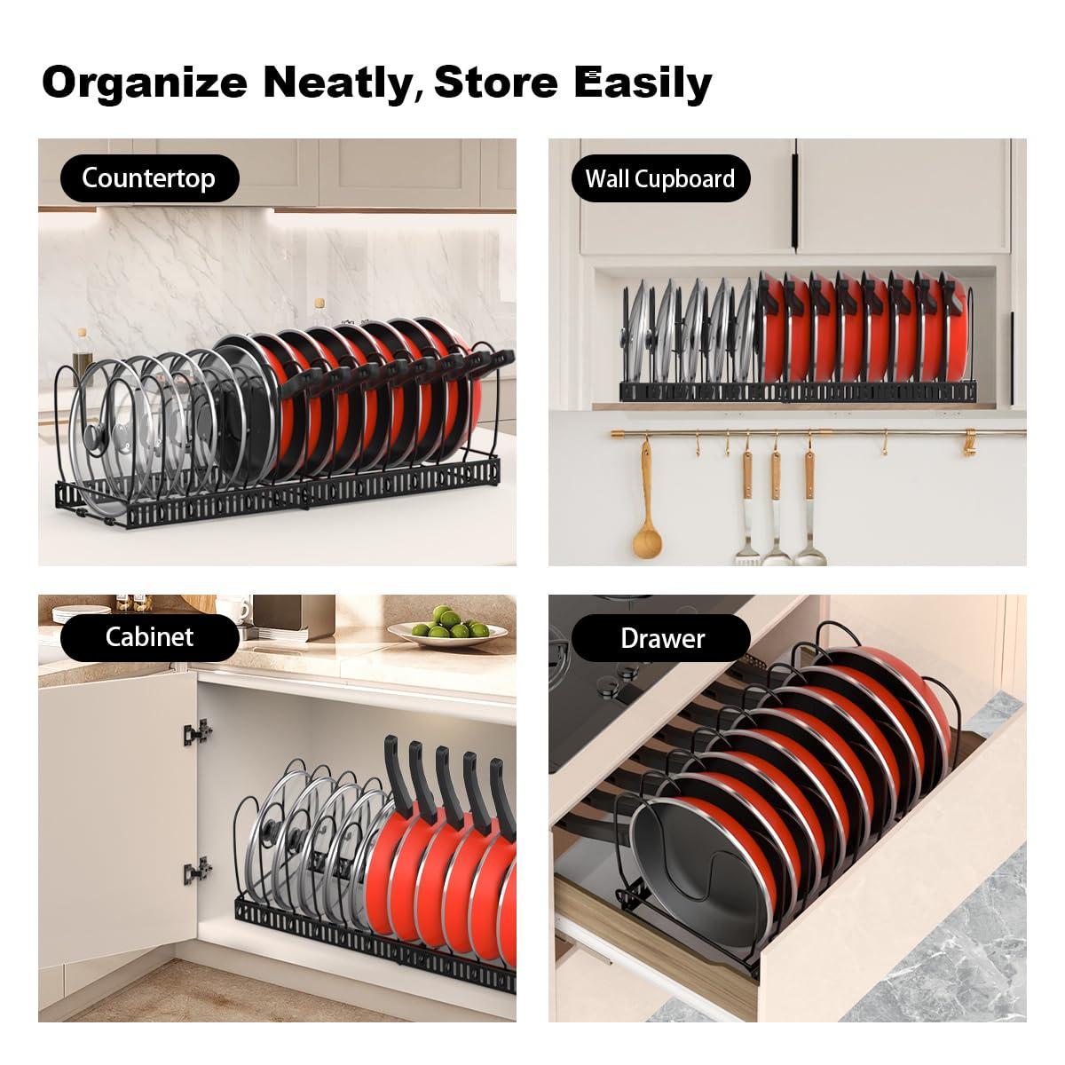 Pot and Pan Organizer Rack for Cabinet, Expandable Pot Lid Organizer Holder with 14 Adjustable Dividers, Fully Expanded Size 22.83" W x 7.09" D x 7.09" H, Black