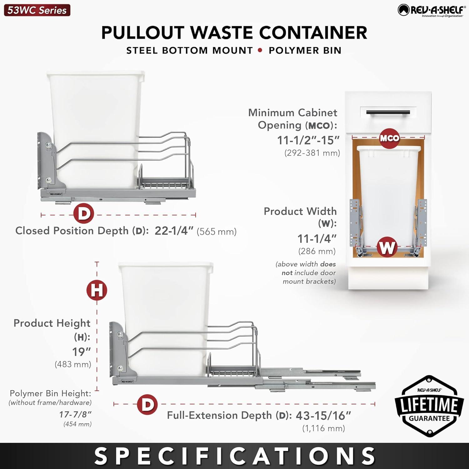 Rev-A-Shelf Pullout Trash Can for Under Kitchen Cabinets 35 Quart  8.75 Gallon with Soft-Close Slides and Rear Storage, Champagne, 53WC-1535SCDM-112