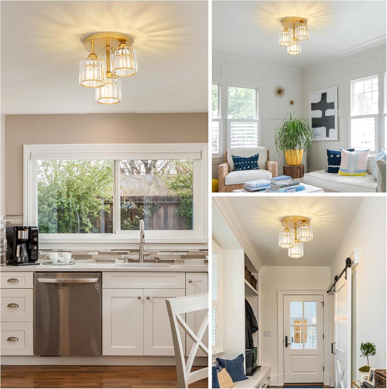 Modern Semi Flush Mount Ceiling Light,3-Light Golden Crystal Close to Ceiling Light Fixtures,Kitchen Light Fixtures with Clear Crystal Shade,Hallway Light Fixtures for Hallway Bedroom Bathroom