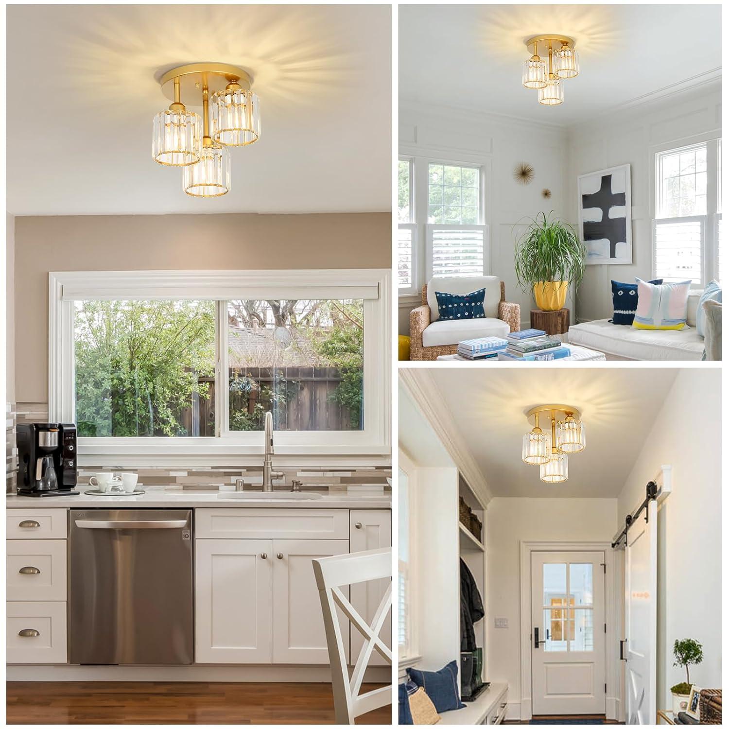 Modern Semi Flush Mount Ceiling Light,3-Light Golden Crystal Close to Ceiling Light Fixtures,Kitchen Light Fixtures with Clear Crystal Shade,Hallway Light Fixtures for Hallway Bedroom Bathroom