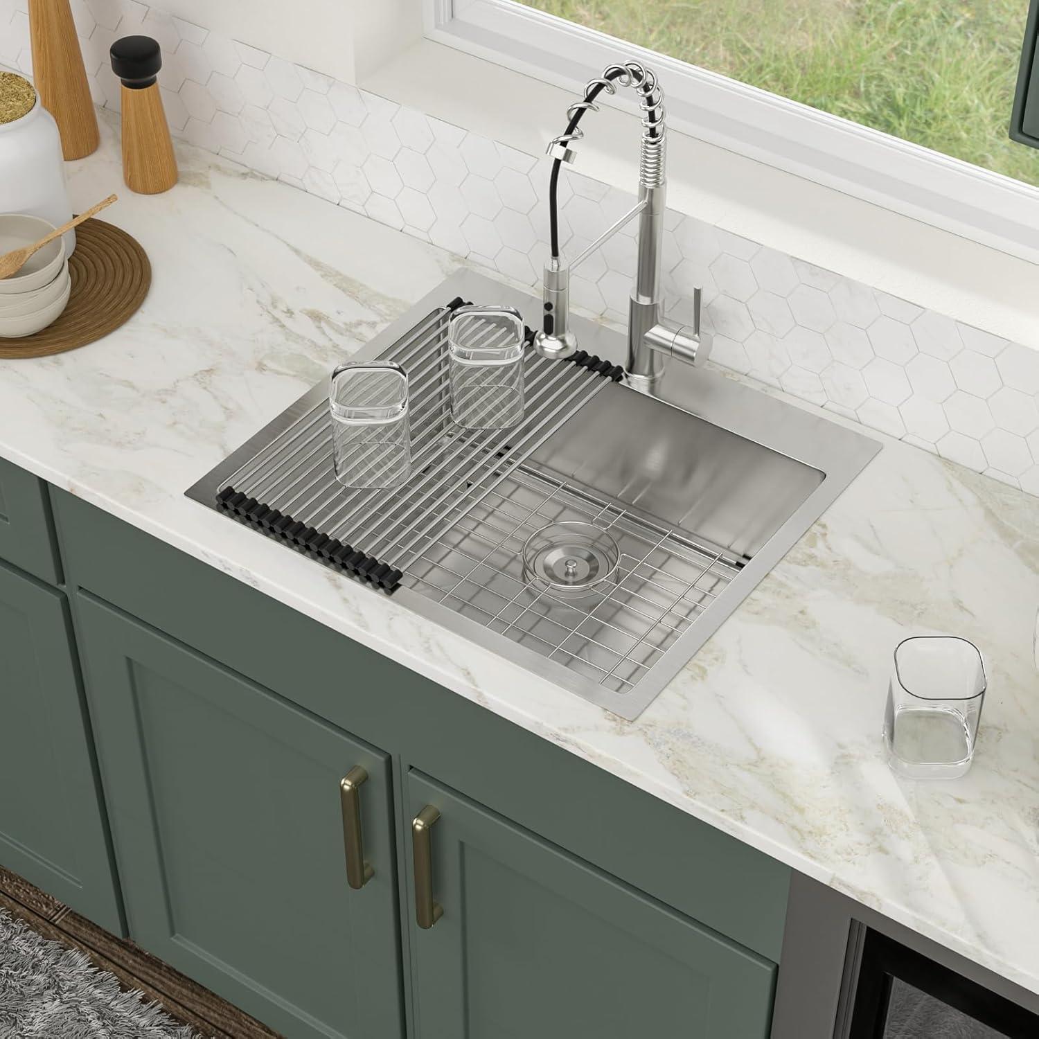 Logmey 25 Inch Drop In Kitchen Sink 25x22 In Handmade Stainless Steel Kitchen Sinks 16 Gauge Topmount Sink Single Bowl Round Corner Sink Bar Sink Prep 25x22x9 Inches