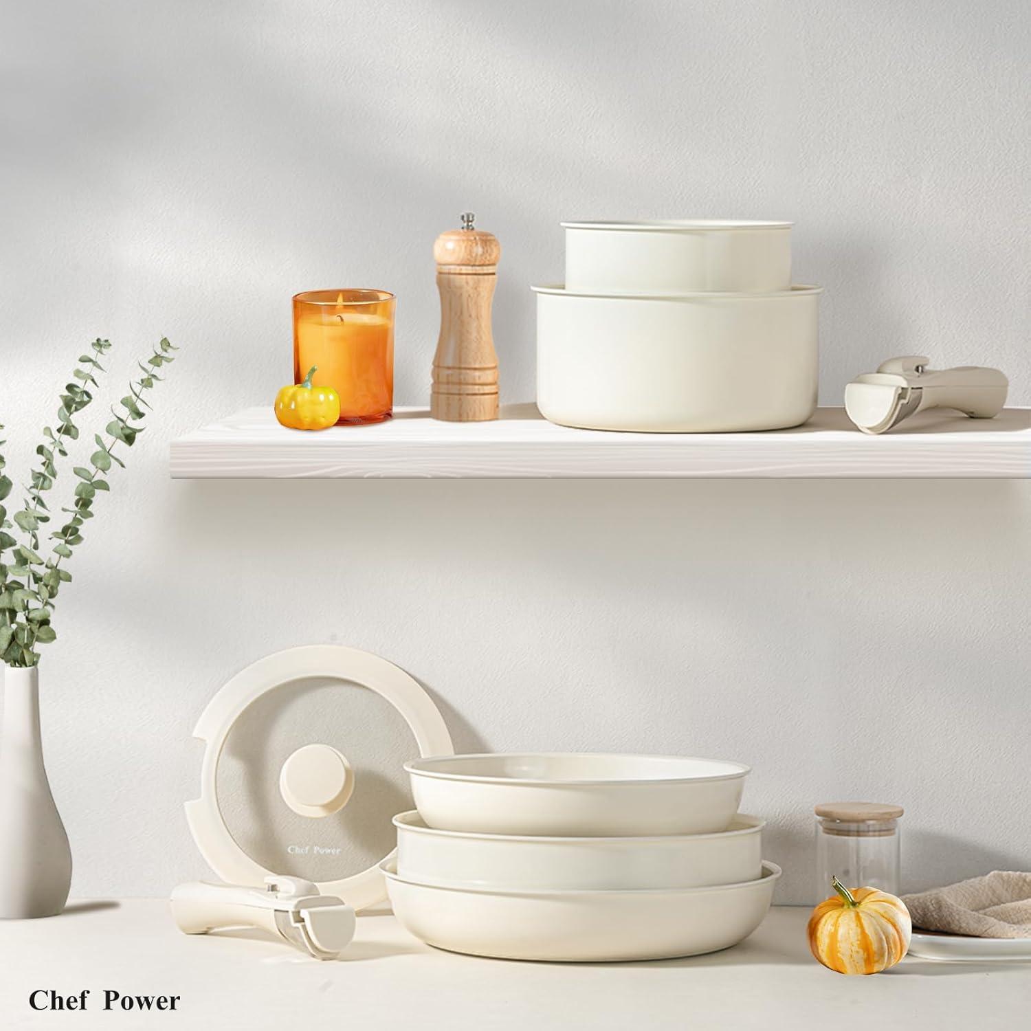 Chef Power Chef Power 19pcs Cream Cake Ceramic Nonstick Pots and Pans Set, Cookware Sets Detachable Handle