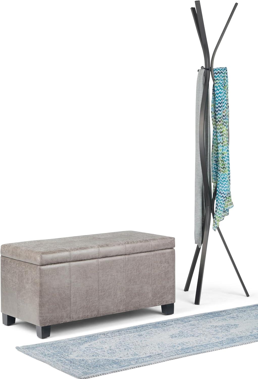 Simpli Home Dover Faux Leather Storage Ottoman Bench in Gray Taupe