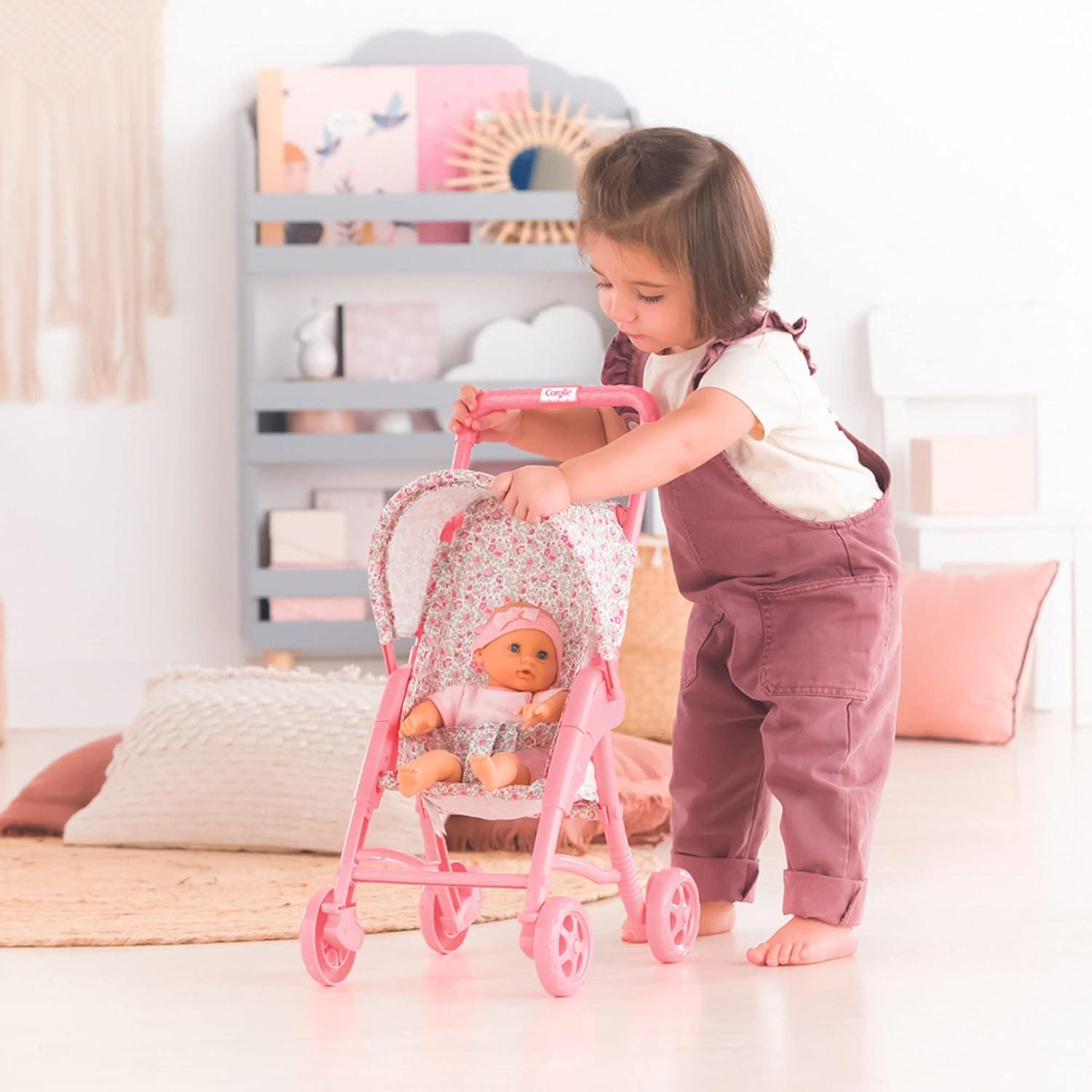 Corolle Baby Doll Stroller with Folding Canopy - Mon Premier Poupon Accessory Fits 12" Dolls, Pink/Floral Pattern, for Kids Ages 18 Months and up