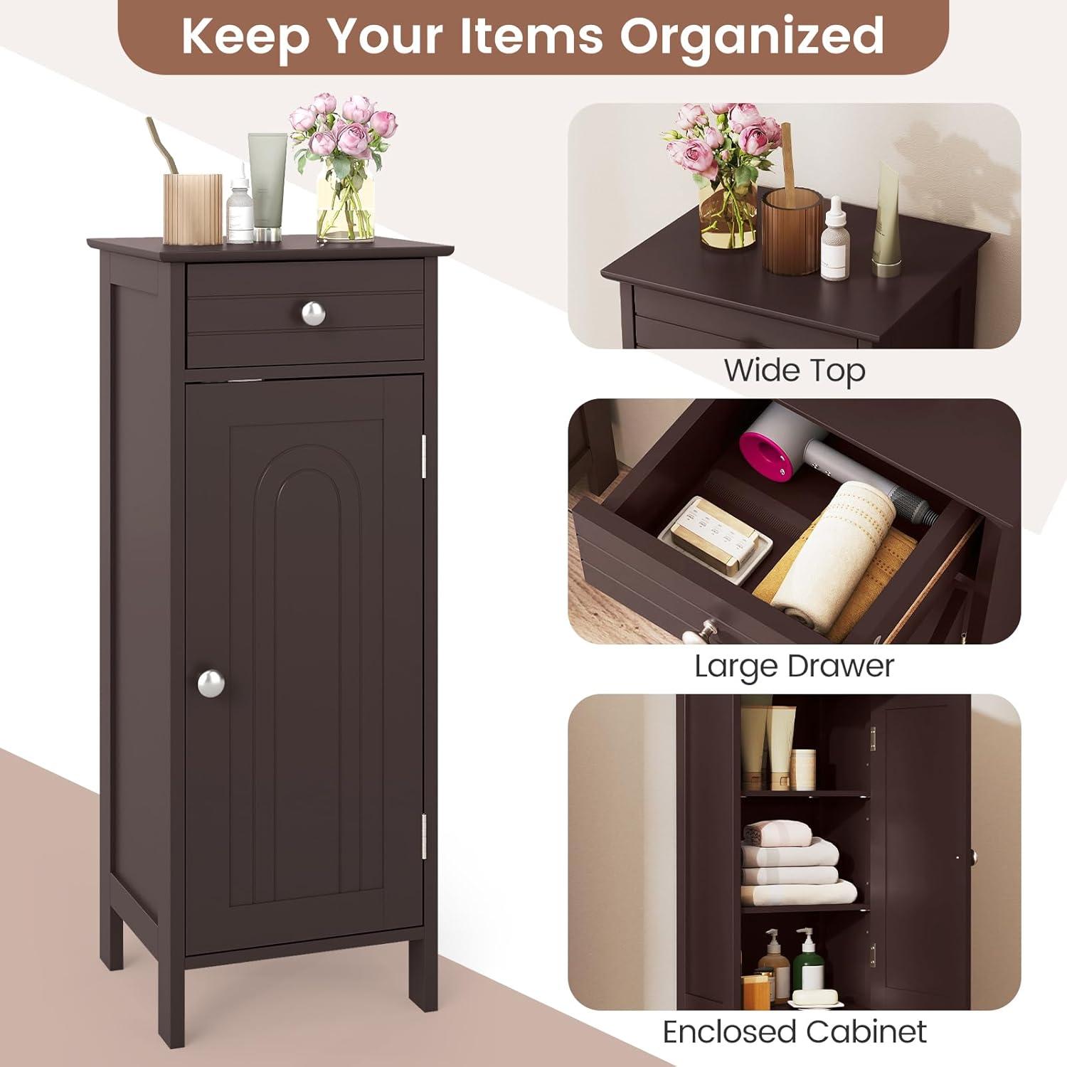 Bathroom Floor Cabinet, Standing Cabinet with Drawer and Doors, Storage Cabinet with 2 Adjustable Shelves, Brown