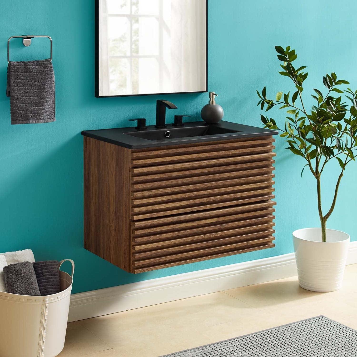 Render 30" Walnut and Black Wall-Mount Bathroom Vanity