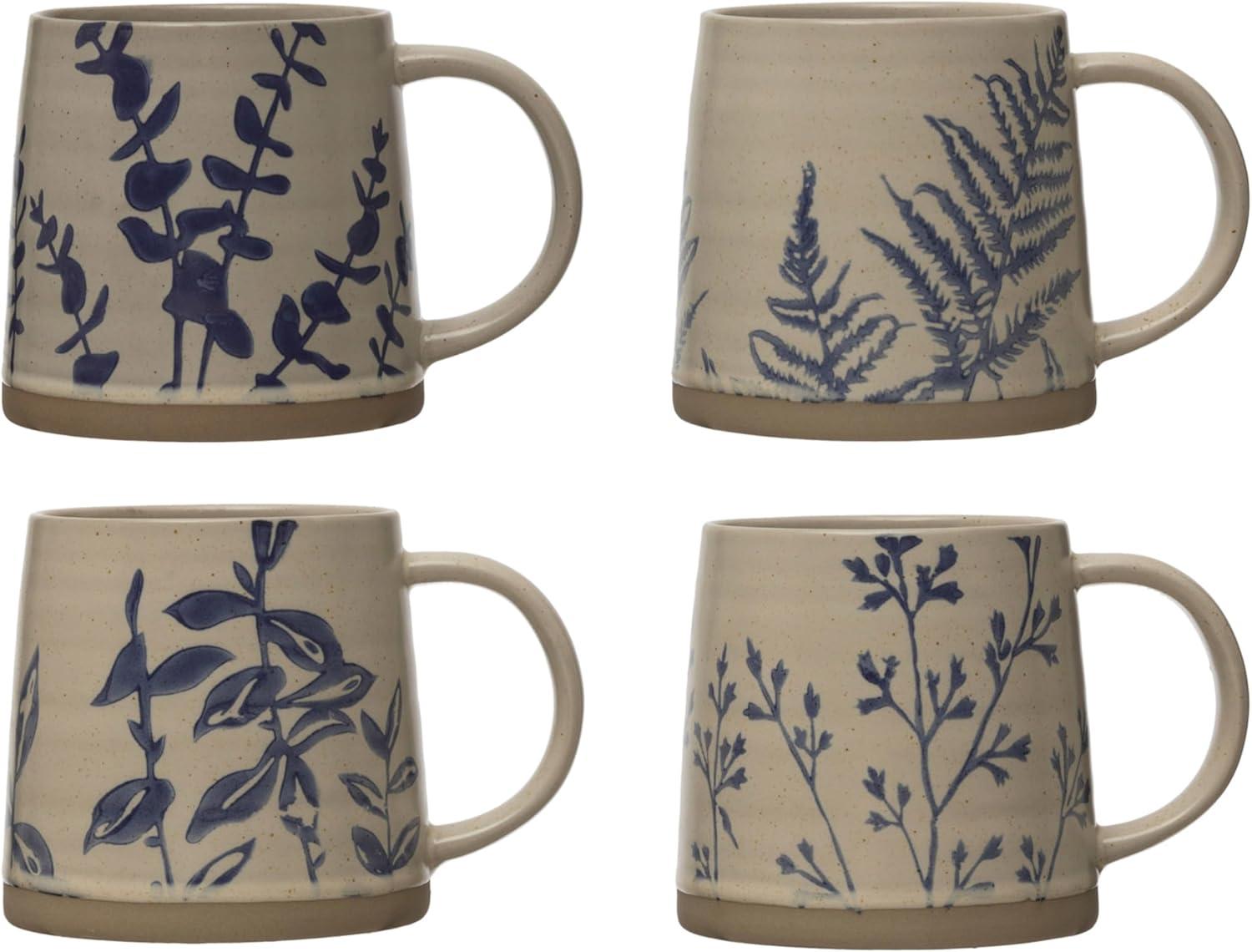 Hand Stamped Blue Botanical Ceramic Mugs Set of 4