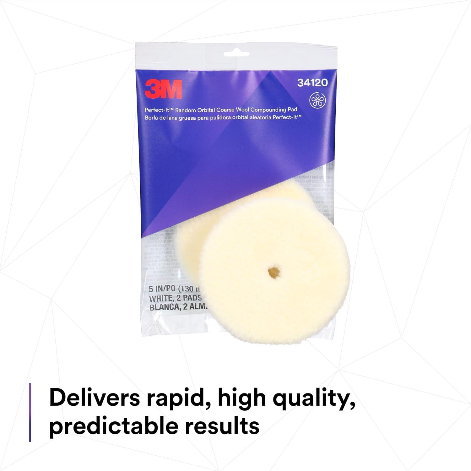3M Perfect-It Random Orbital Coarse Wool Compounding Pad 34120, 5 Inch (130 mm), White, 2 Pads/Bag