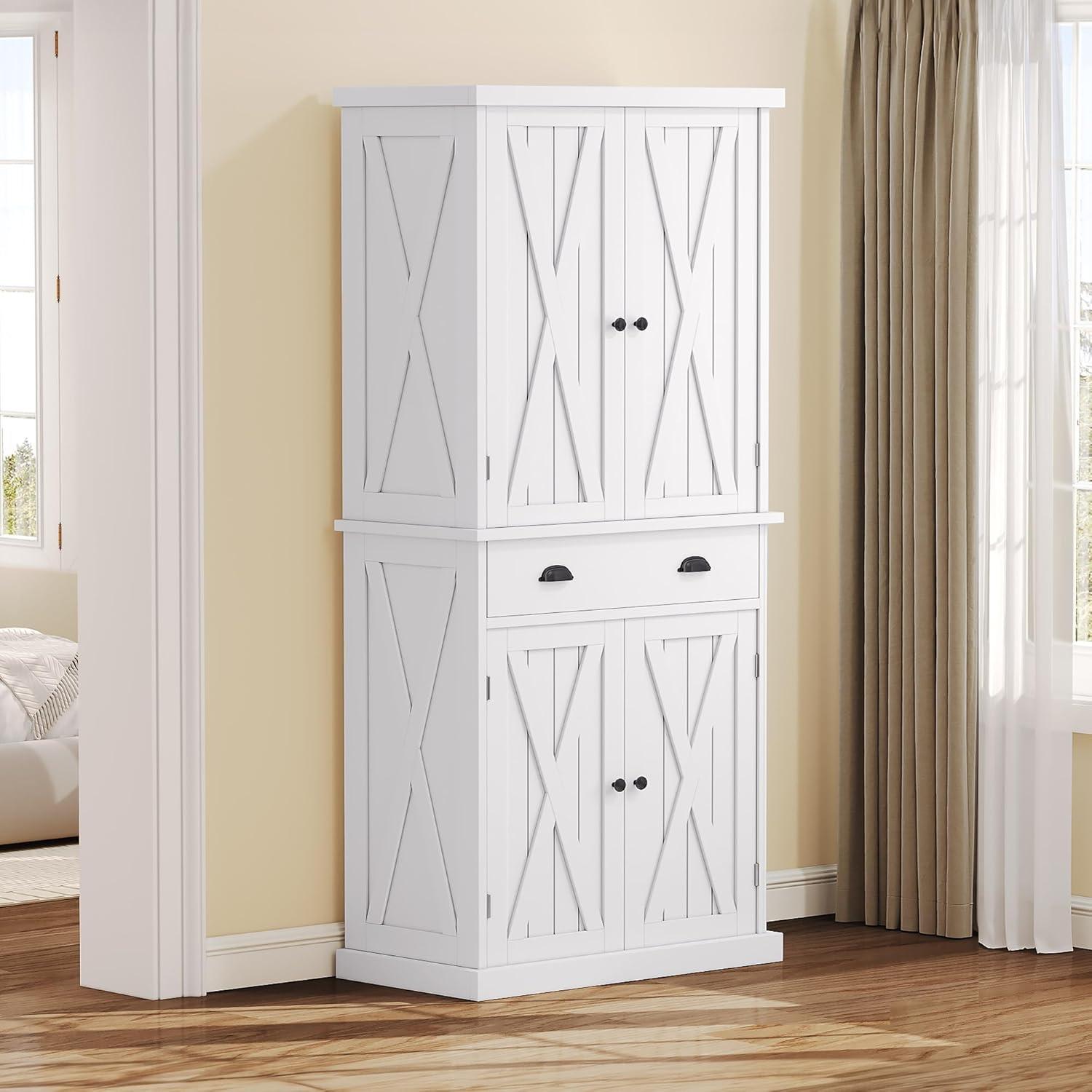 Gracie Oaks Sneyd 72" H Wood Farmhouse Kitchen Pantry Cabinet with Adjustable Shelves & Drawer