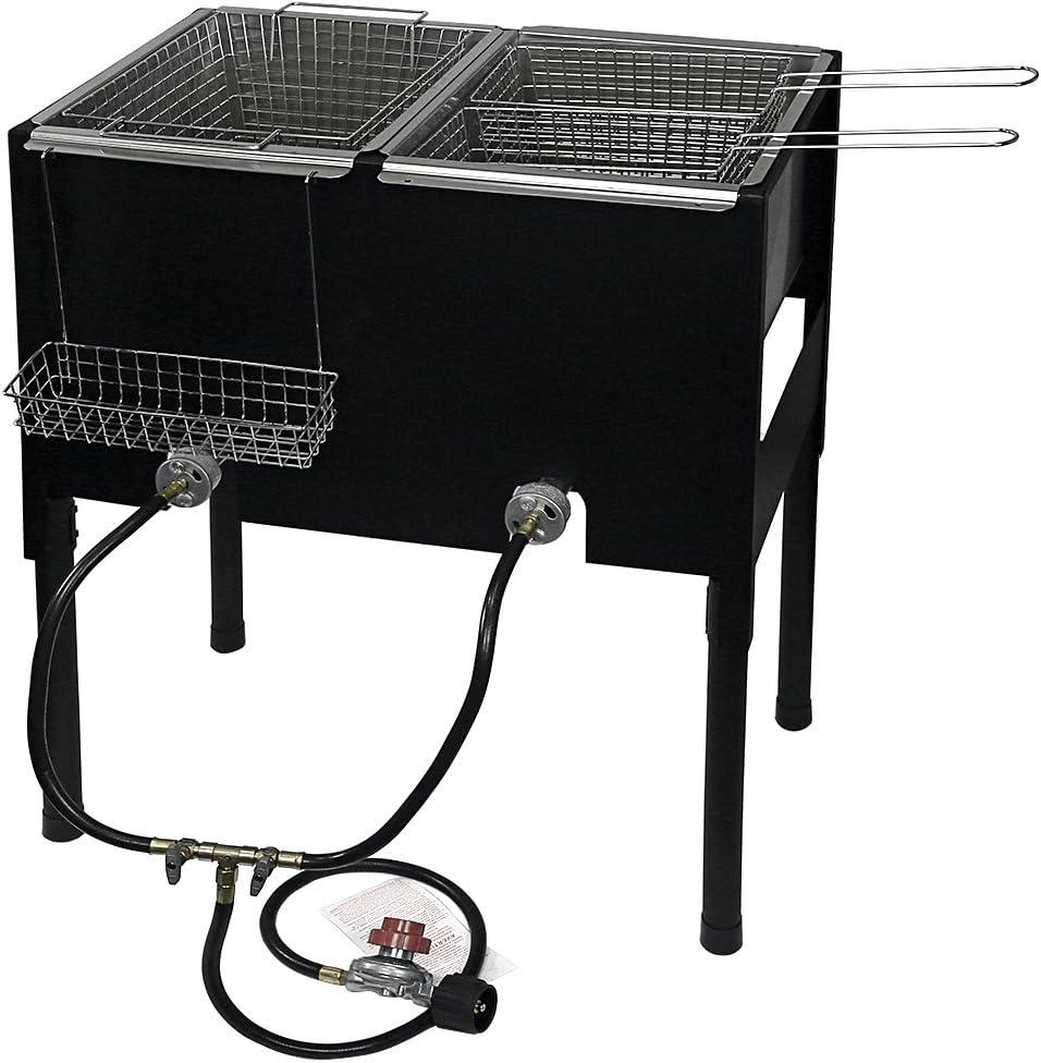 Outdoor Black Steel Dual Burner Propane Deep Fryer with Triple Baskets