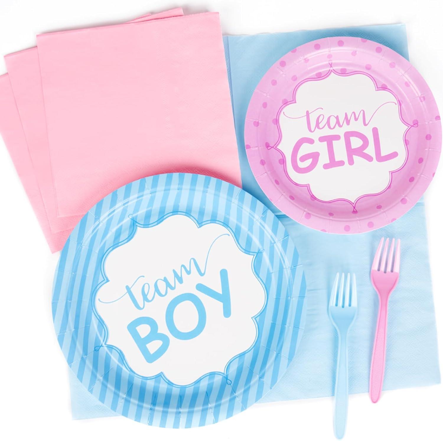 DECORLIFE Gender Reveal AJH3 Plates Serves 24, Boy or Girl Gender Reveal Party Supplies Includes Napkins and Forks for Baby Shower Reveal Party Decorations, Total 96PCS
