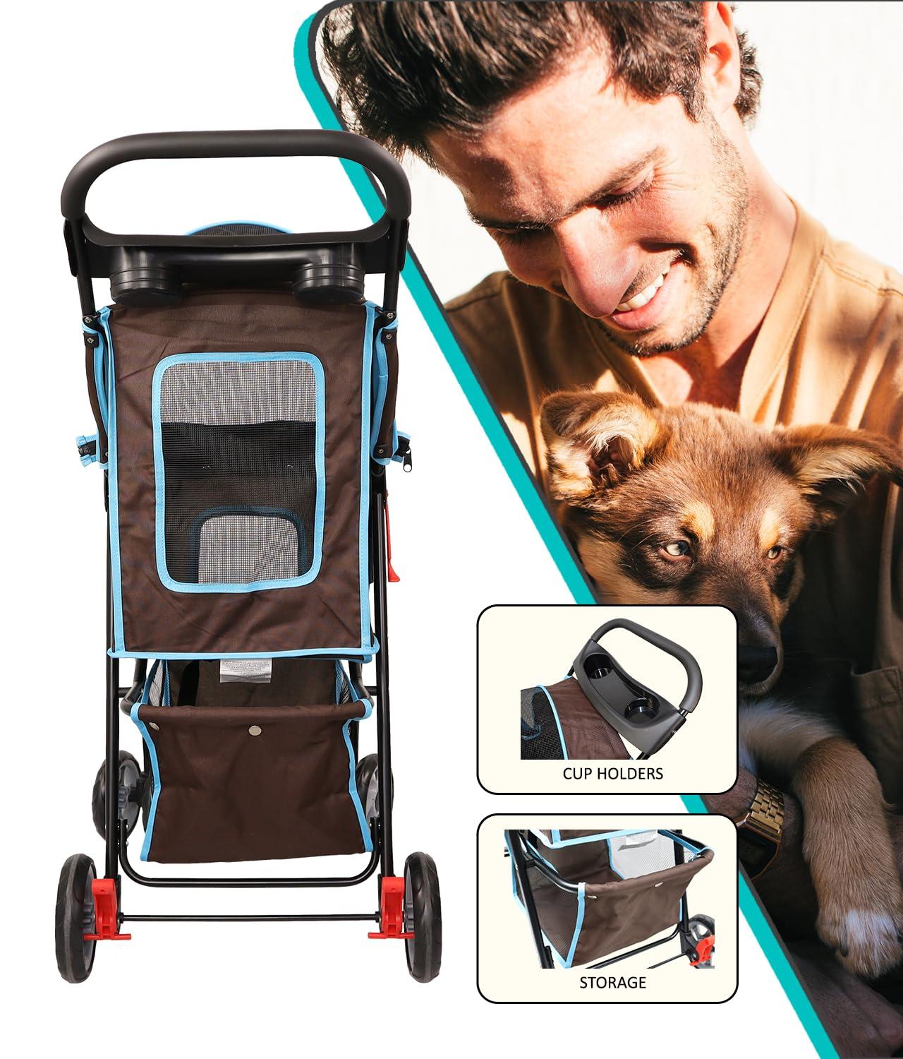 Brown and Turquoise Foldable Pet Stroller with Storage Basket