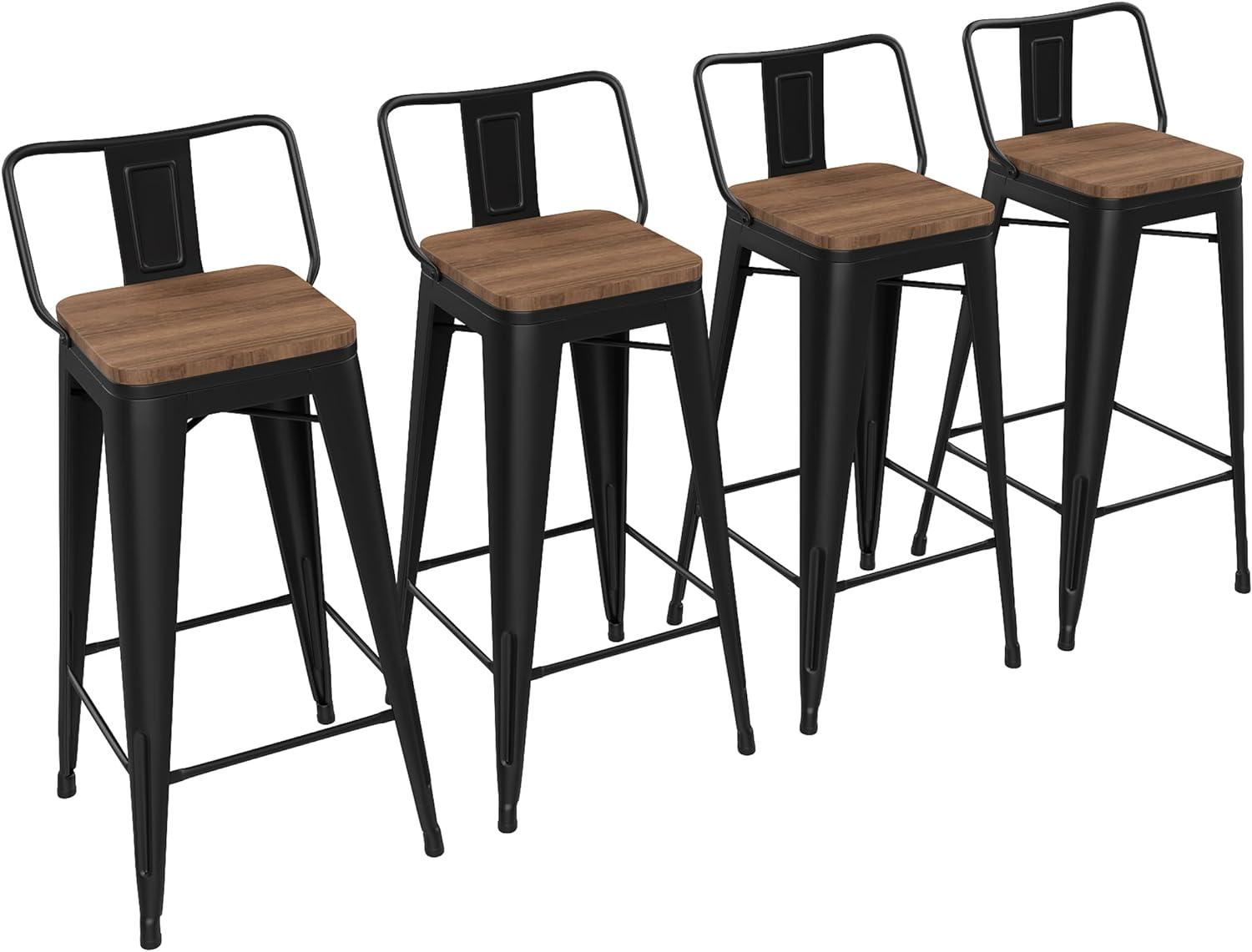 Andeworld 30" Metal Barstools Set of 4 Counter Height Bar Stools with Back (30" Seat Height, Wooden Top Low Back Matte Black)