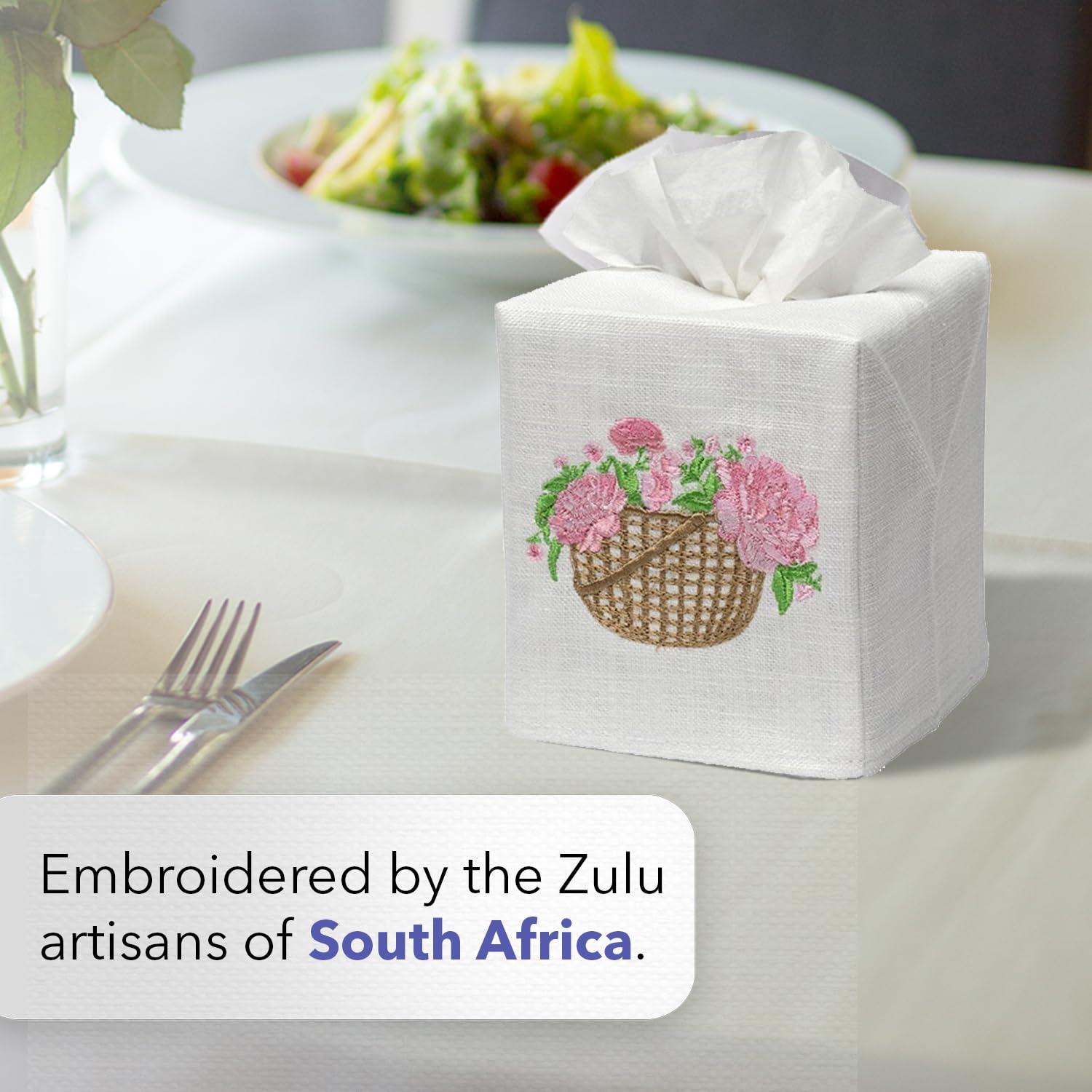 White Linen Square Tissue Box Cover with Blue Embroidered Botanical Design