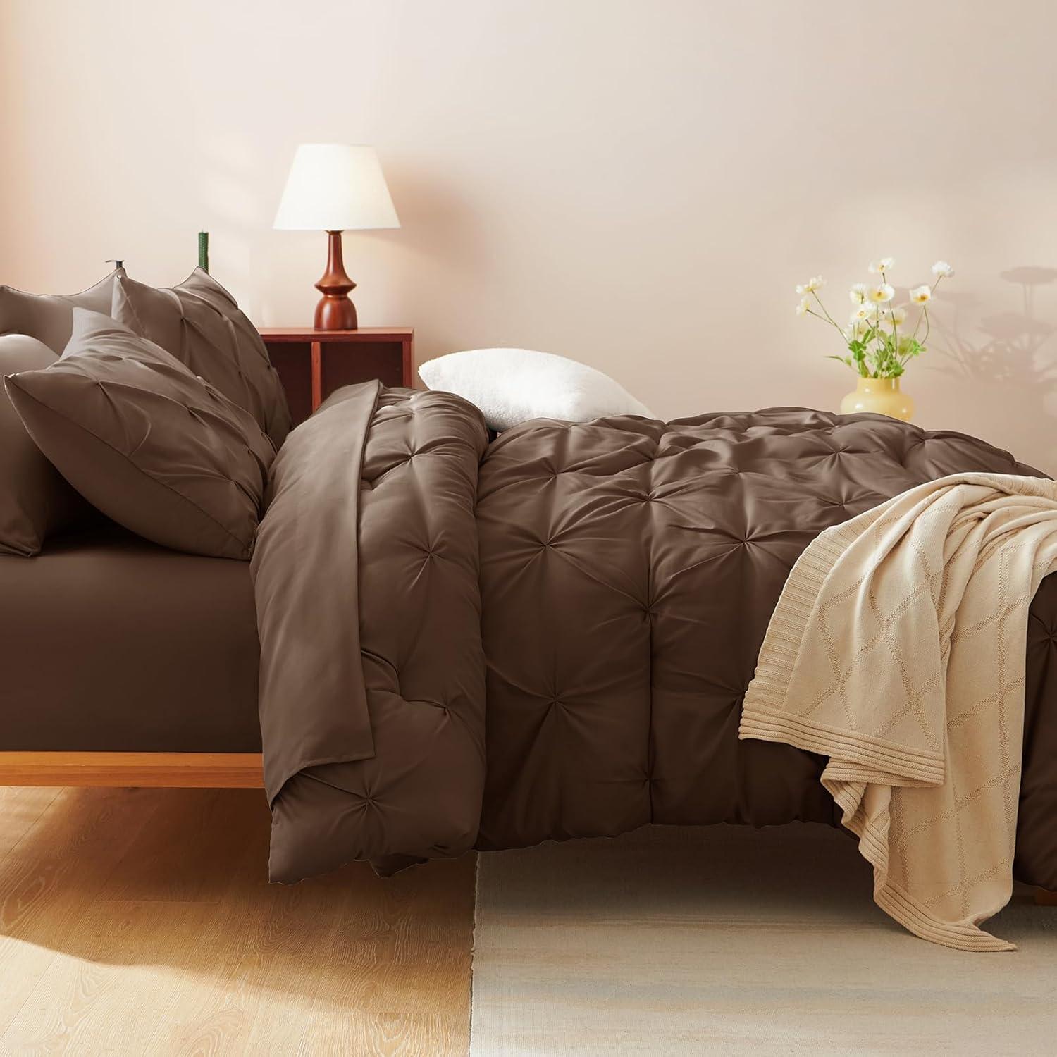 Queen Size Brown Comforter Set - 7 Piece Pintuck Bed in a Bag with All-Season Comforter, Pinch Pleat Bedding, Flat Sheet, Fitted Sheet, and Pillowcases & Shams