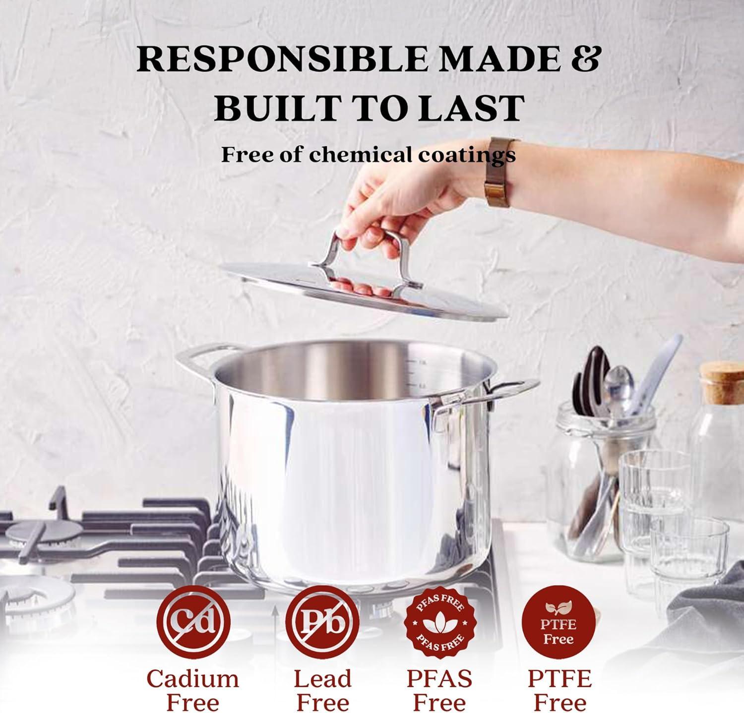Alva Maestro 8 Qt. Stainless Steel Stock Pot with Lid Scratch Resistant Non-Toxic PFAS Free Compatible with All Stovetops Oven Safe & Induction Safe