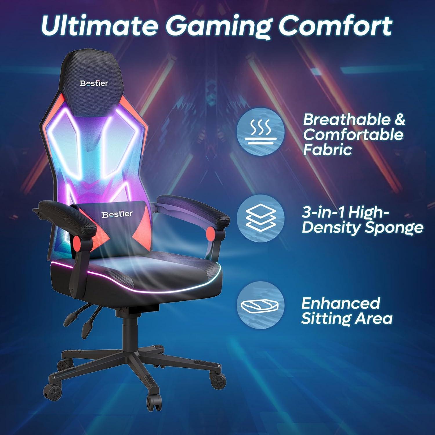 Bestier Black Red LED Gaming Chair with Breathable Fabric