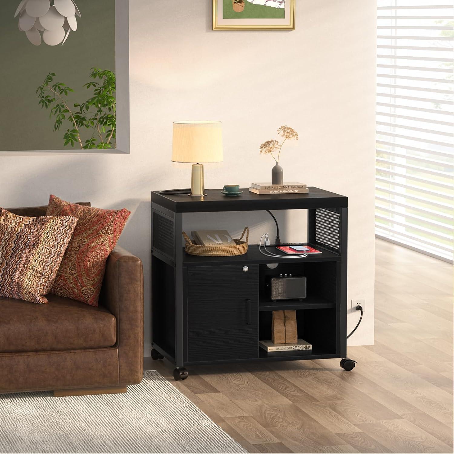 Unikito Rolling File Cabinet Lateral Office Filing Cabinets with Socket and USB Charging Port, Modern Printer Stand on Wheels, Printer Cabinet with Door and Open Storage, Lockable, White
