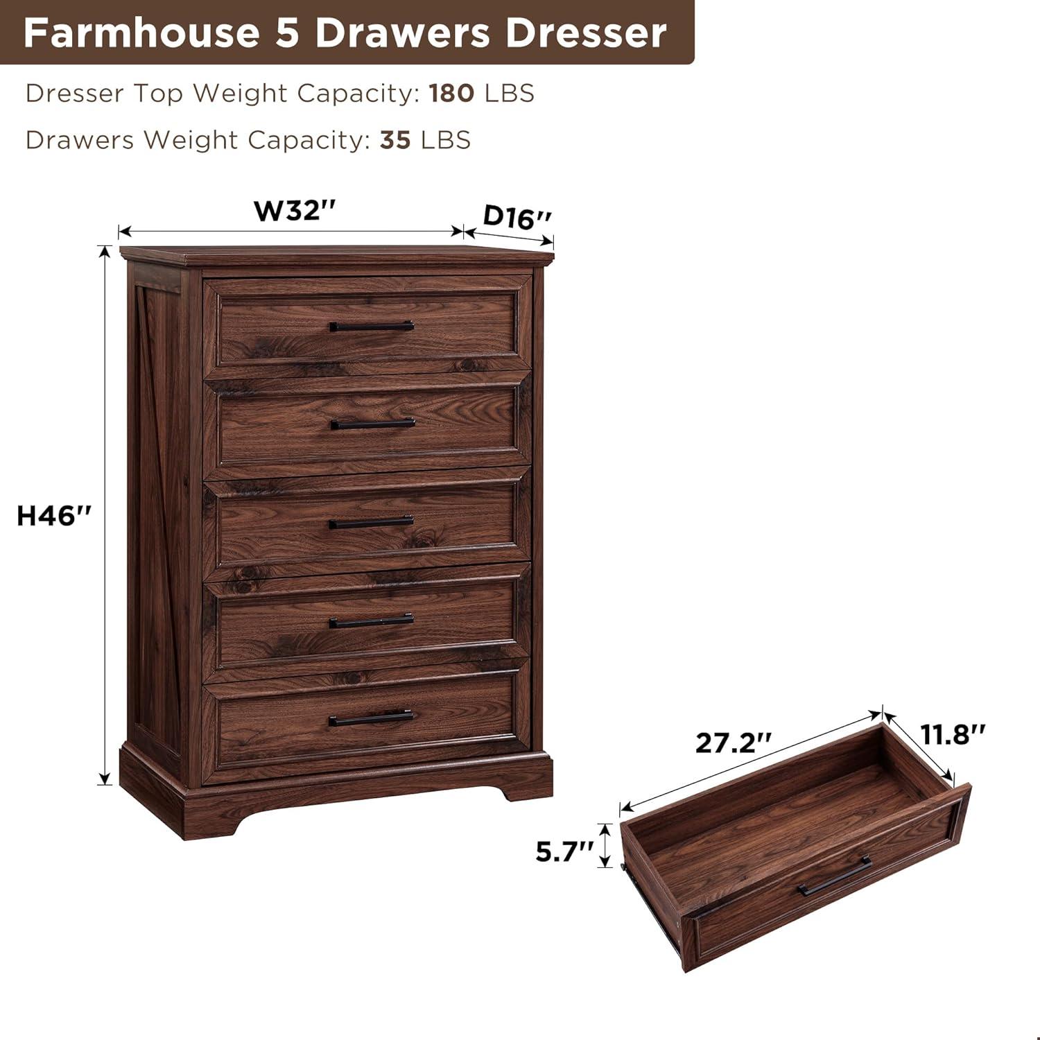 Farmhouse 5 Drawers Dresser Chests for Bedroom,46" Tall Wood Rustic Chest of Drawers with Wide Metal Handle,Natural Texture,Drawer Organizer for Bedroom,Living Room,Hallway and Entryway,Brown