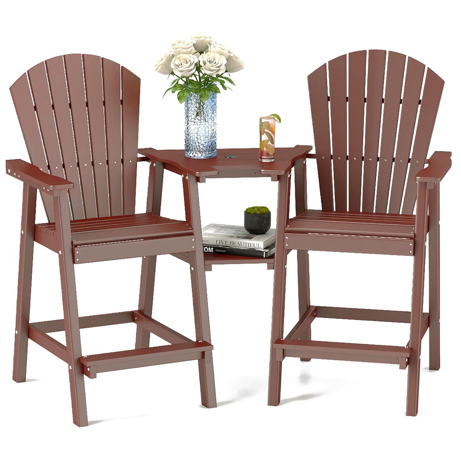 JUSTLET Tall Plastic Adirondack Chair Set of 2 W/ Outdoor Barstools and Connecting Tray, Brown