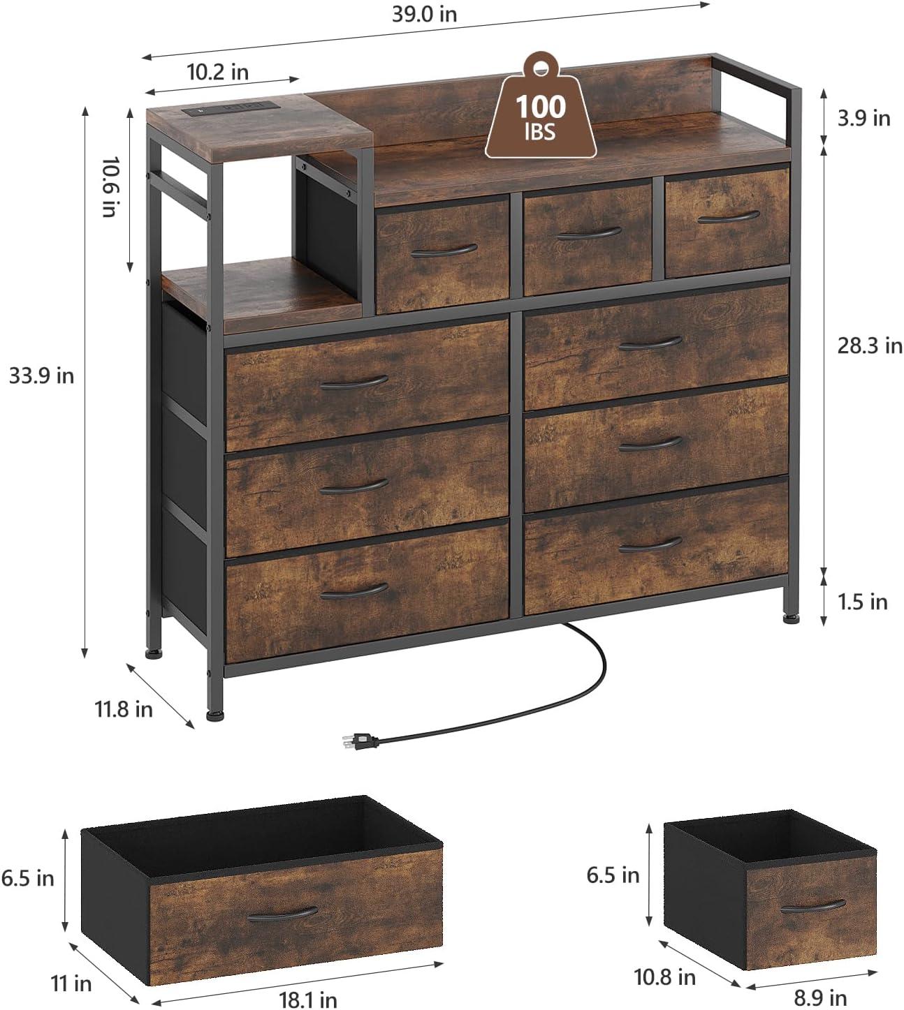 Jojoka TV Stand with Charging Station, Bedroom Dresser for Living Room TV Stand with 9 Drawers, Vintage