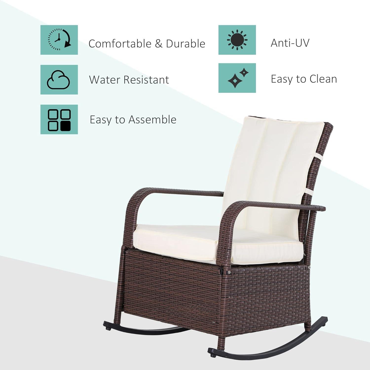 Outsunny Outdoor Rattan Wicker Rocking Chair Patio Recliner with Soft Cushion, Adjustable Footrest, Max. 135 Degree Backrest