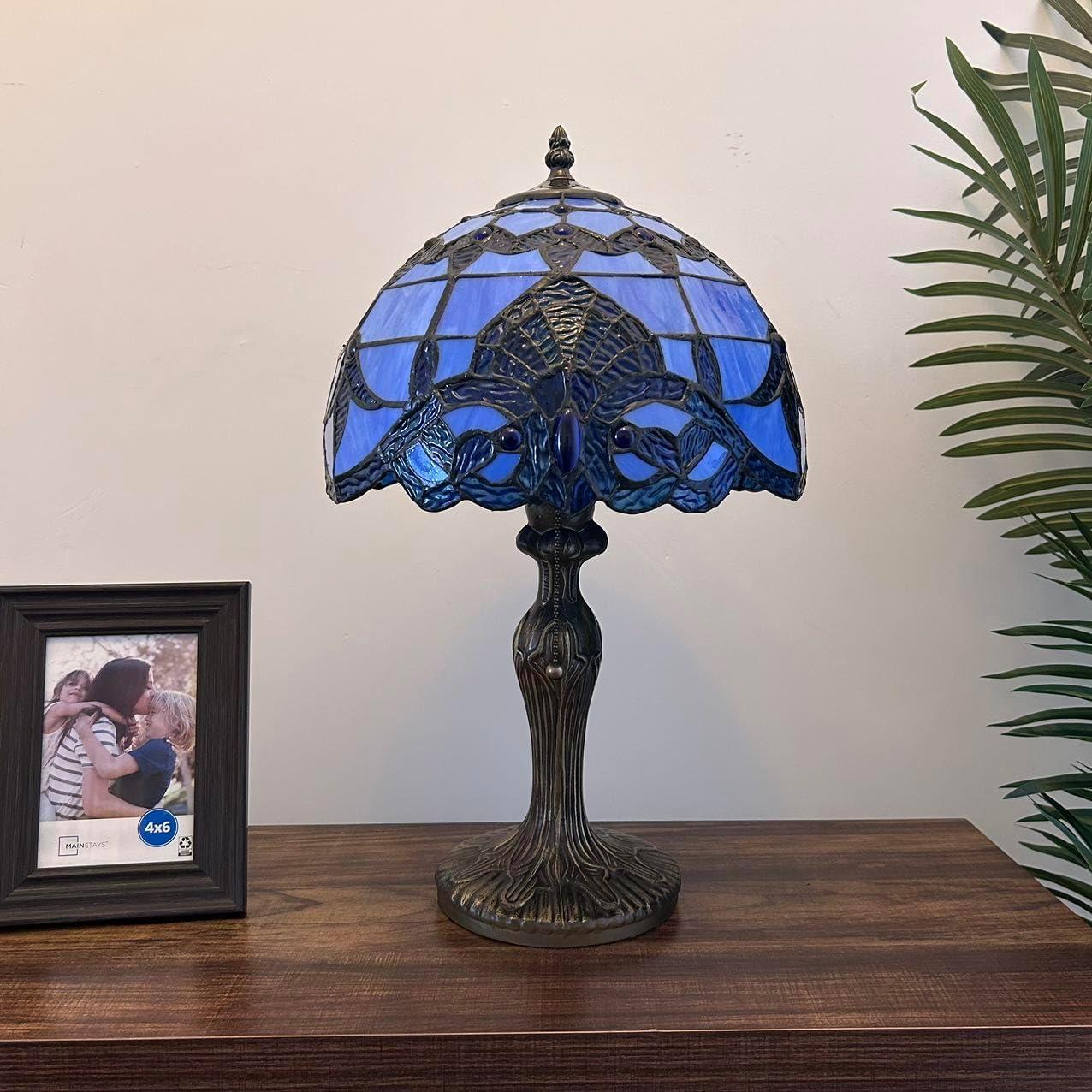 Tiffany Table Lamp Blue Stained Glass Baroque Style Lavender LED Bulb Included for Living Room Bedroom Bedside 12'W*19"H
