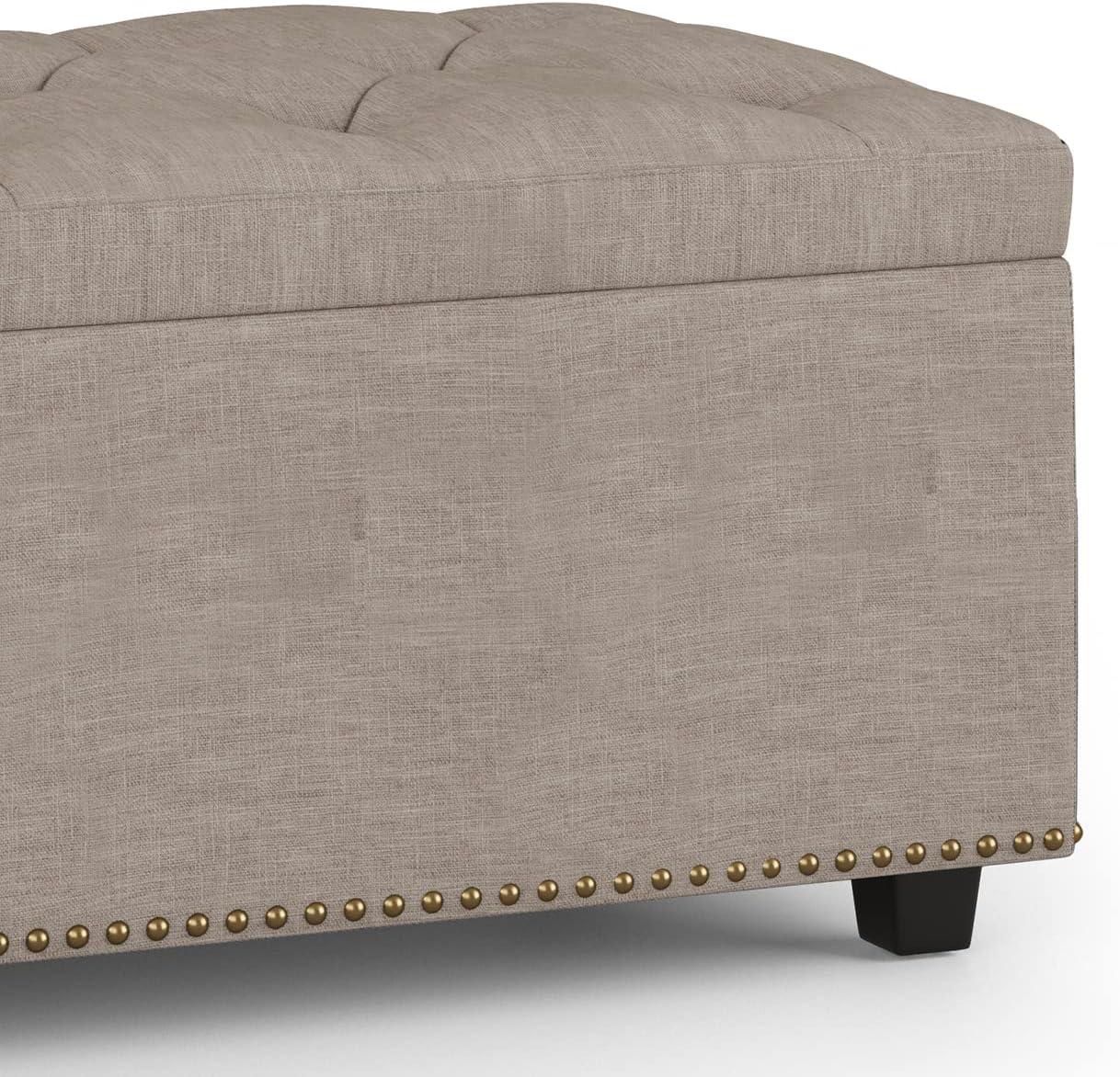 Simpli Home Hamilton 44"W Upholstered Lift-Top Storage Ottoman with Nailhead Trim and Tufted Detailing