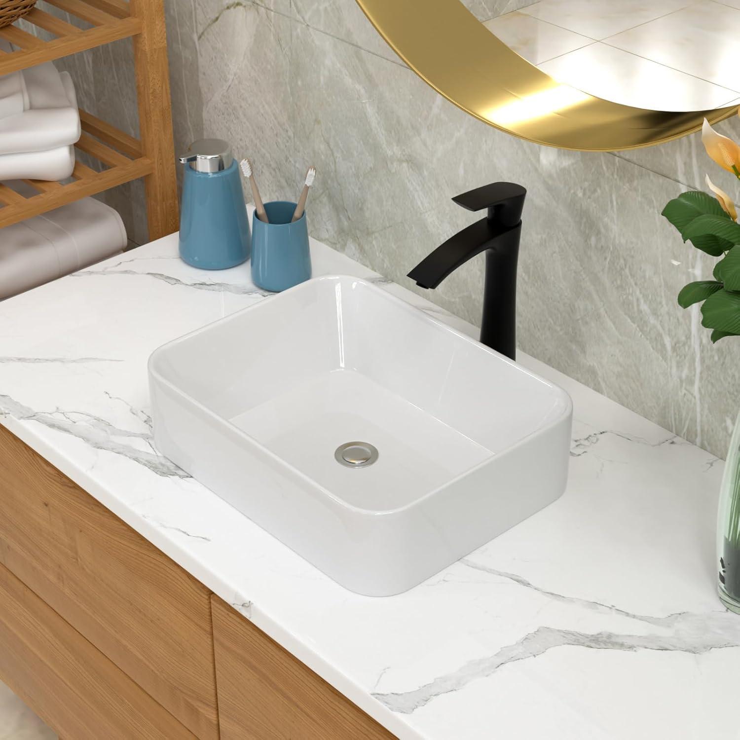 Myhomekeepers 15'' White Ceramic Rectangular Bathroom Sink with Faucet