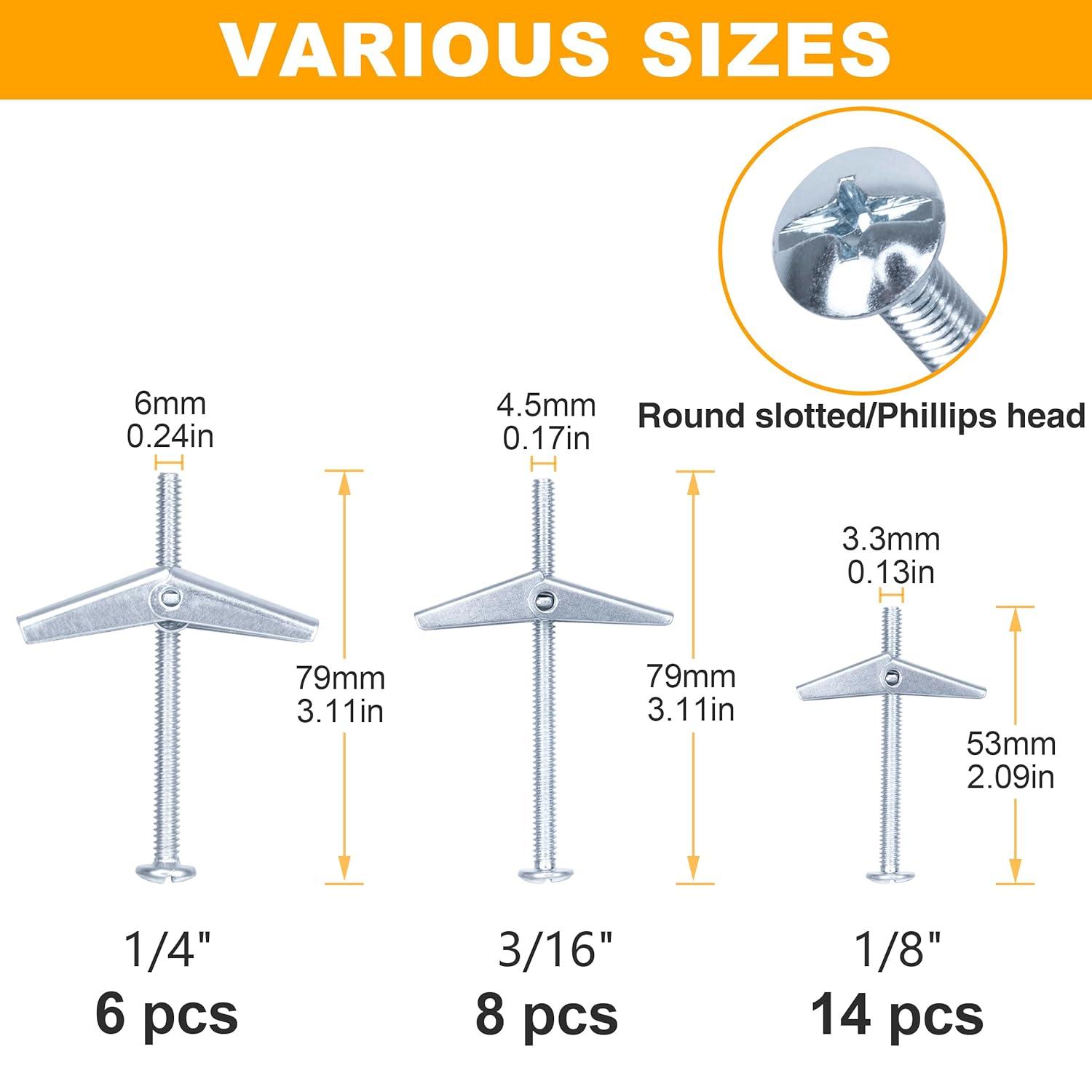 KURUI 28Pcs Heavy Duty Hollow Wall Anchors for Drywall Ceiling, Toggle Bolts and Wing Nut Kit, Metal Drywall Anchors and Screws Assortment Set, 3 Sizes Butterfly Anchors for Hanging 1/8, 3/16, 1/4