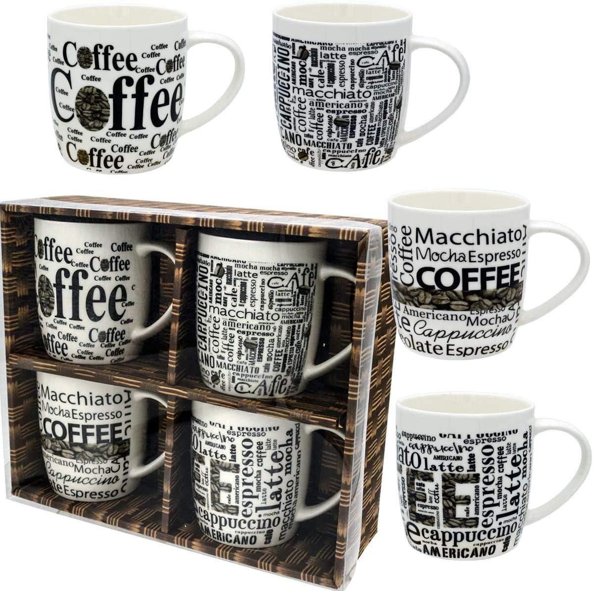 Coffee Mugs Beautiful Vintage Ceramic Cups Set of 4 with distinctive assorted Café phrases, in exclusive Boxed gift sets best Gift Set Home Decoration, Gifts for Mom Birthday Christmas