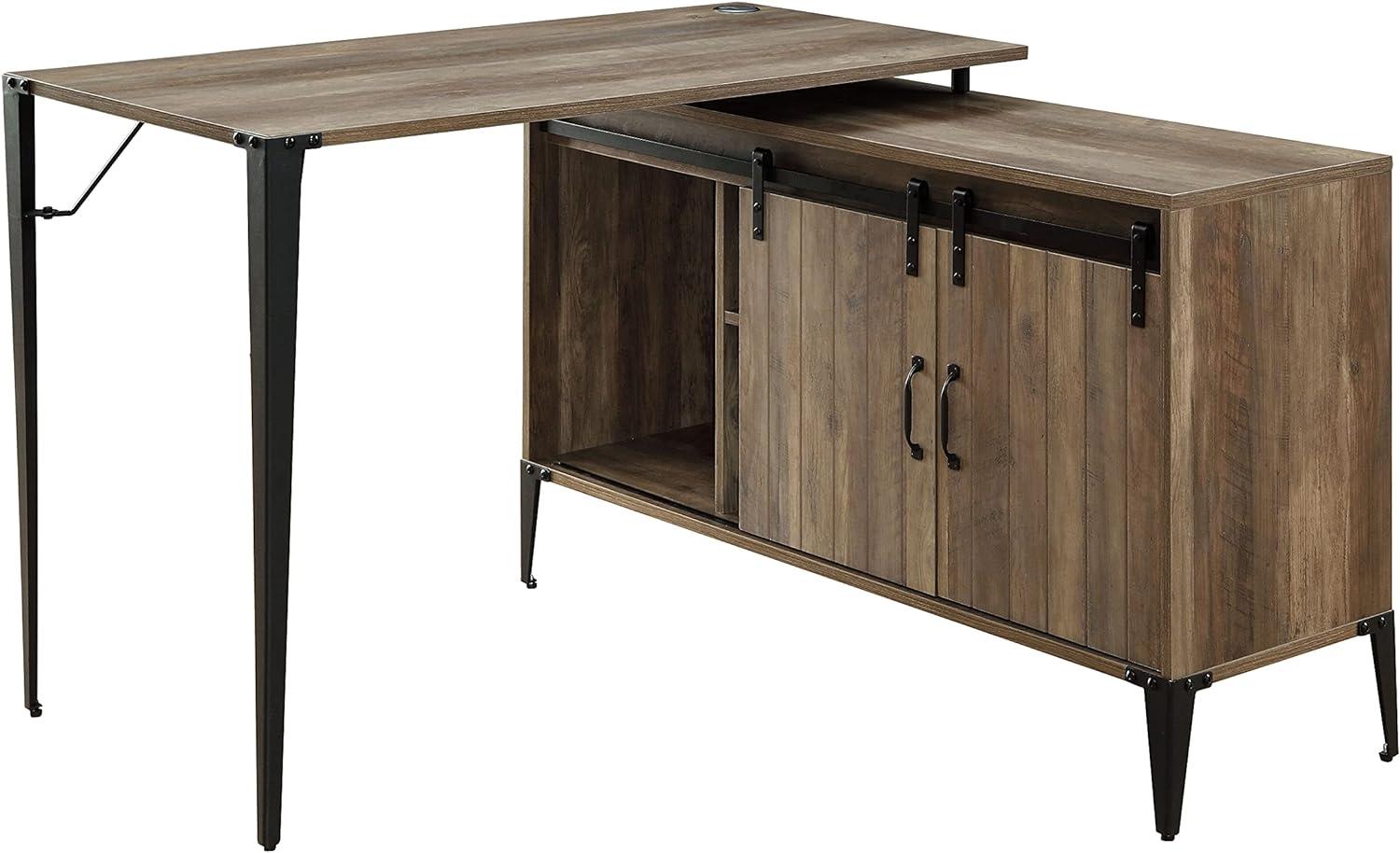 Executive Rustic Oak Corner Desk with USB Port and Filing Cabinet