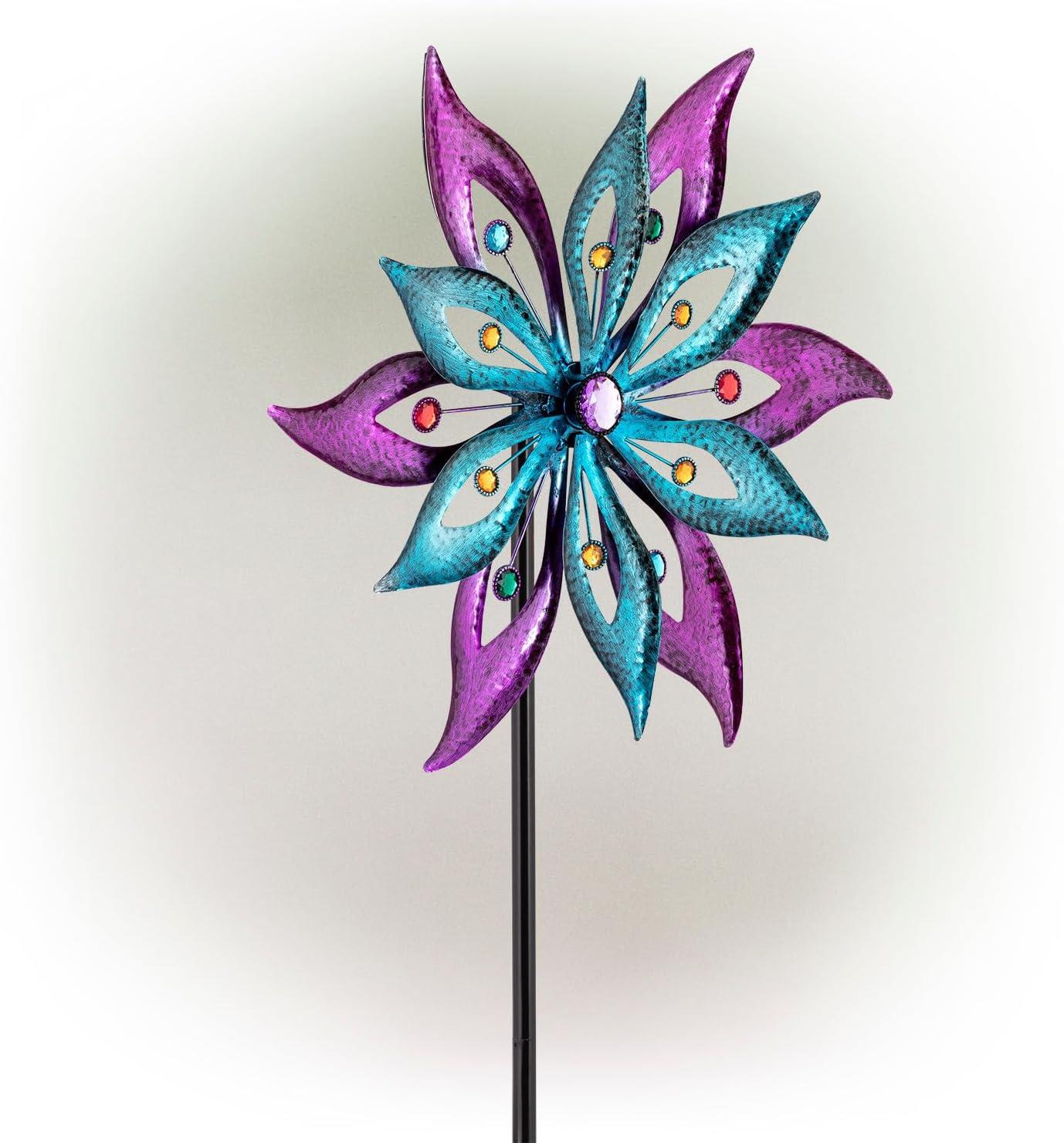 Purple and Aqua Floral Metal Wind Spinner Stake, 64"