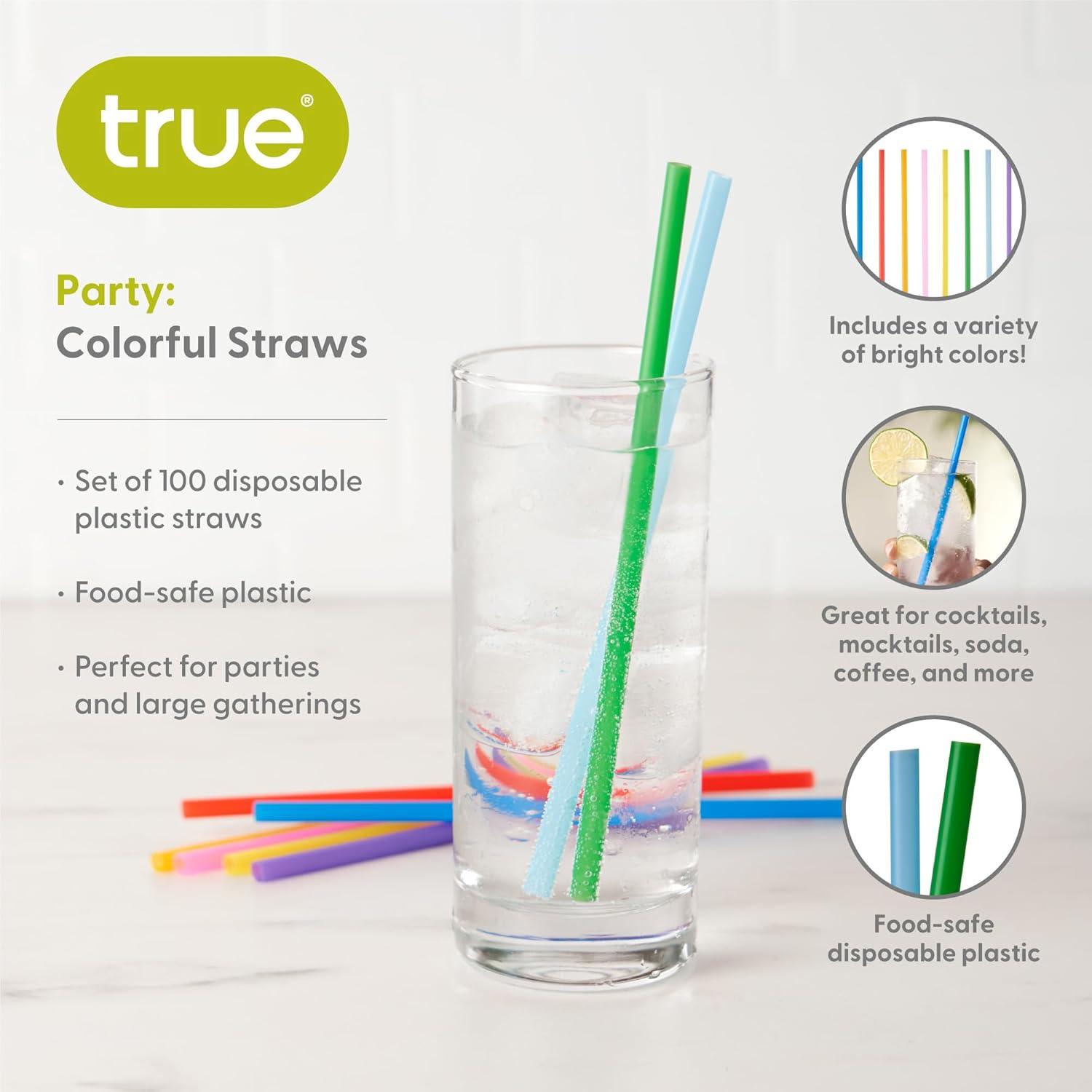 True Colorful Straws, Long Disposable Straws for Cocktails, Smoothies, Iced Coffee, Disposable Party Supplies, Assorted Colors, Set of 100