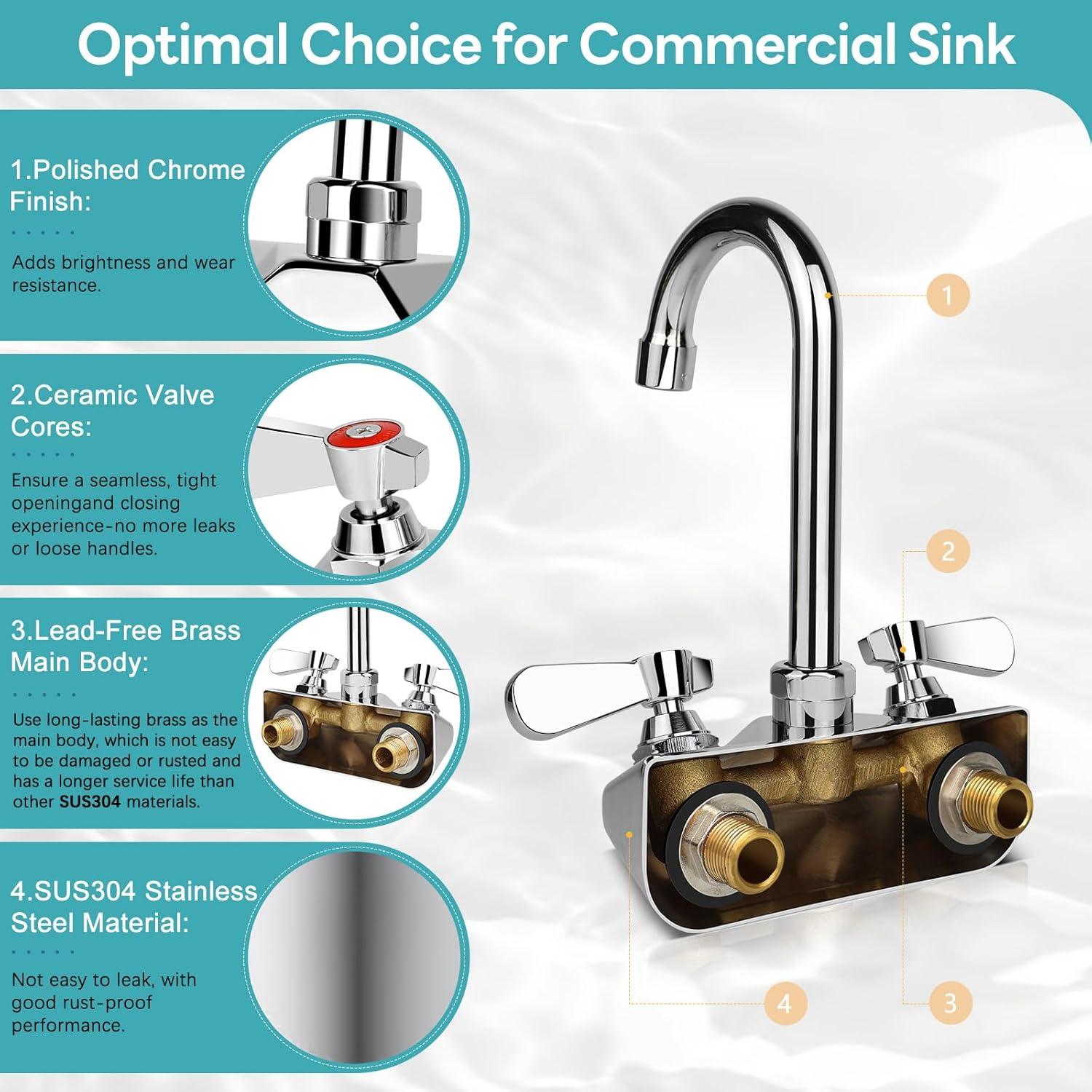 KWODE 4 Inch Center Commercial Hand Sink Faucet with 3-1/2”Gooseneck Spout, Dual Lever Handle Wall Mount Kitchen Sink Faucet, Brass Constructed, Chrome