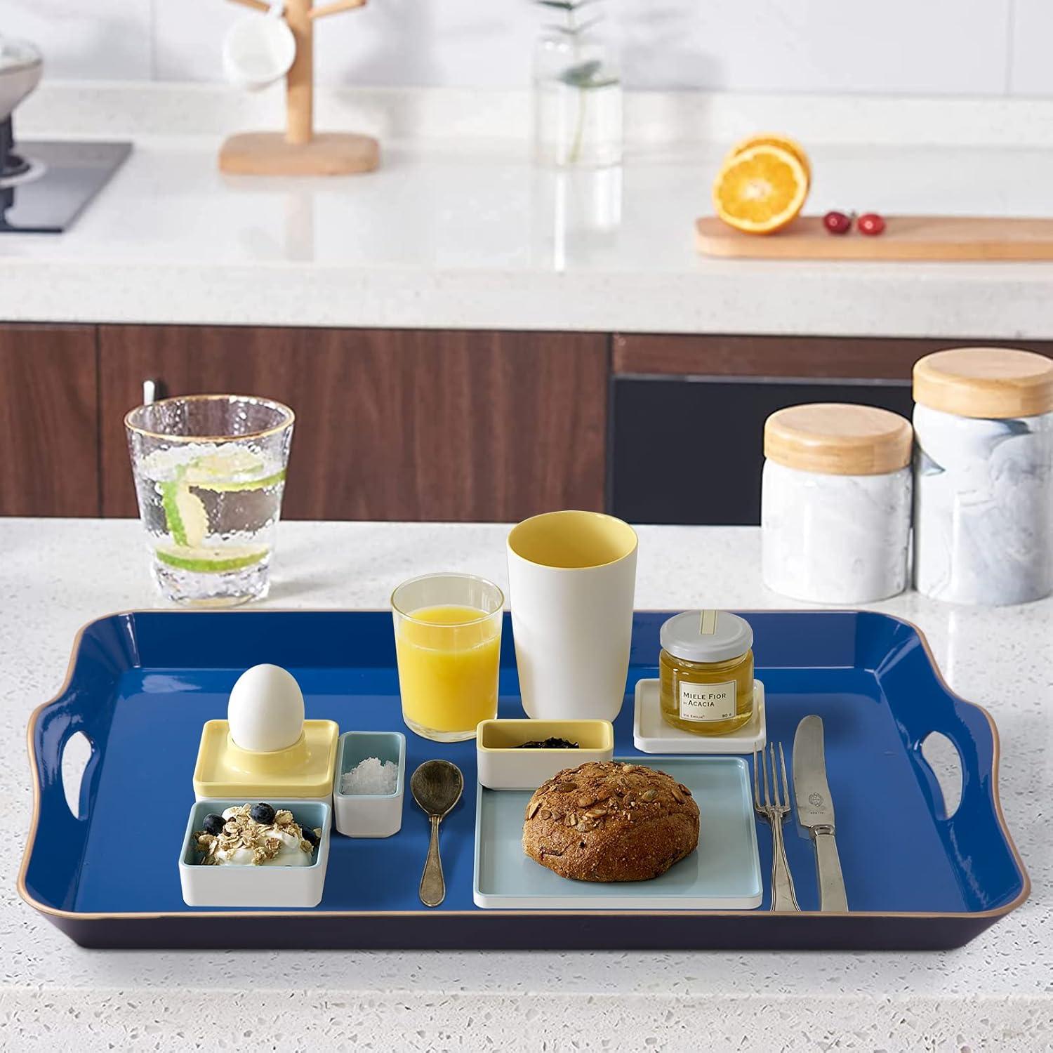 MAONAME Melamine Serving Tray with Handles, Royal Blue Modern Decorative Tray, Rectangular Plastic Tray for Coffee Table, Large Ottoman Tray for Bedroom, Living Room, 17" x 11.8" x 2"