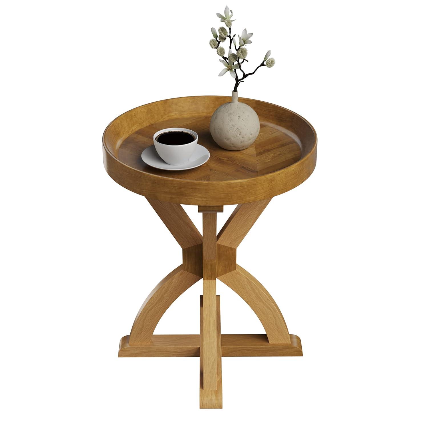Side Table - Mango Wood Pedestal Table for Couch, Loveseat, Entryway, or Bed - Farmhouse Living Room Furniture by Lavish Home (Natural)