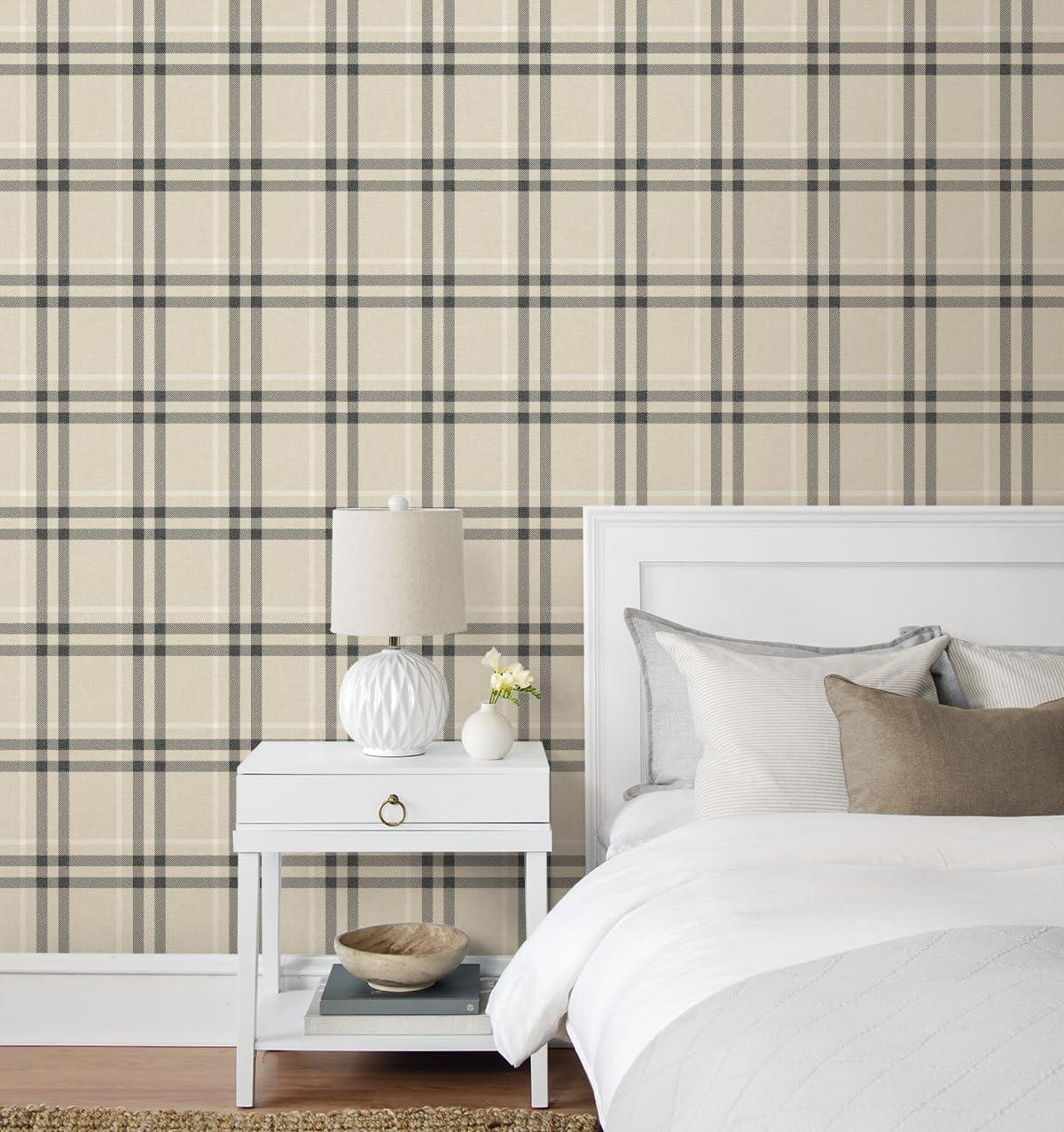 NextWall Linen & Ebony Calverlay Plaid Peel and Stick Wallpaper - 20.9 in. W. x 18 ft. L. Roll