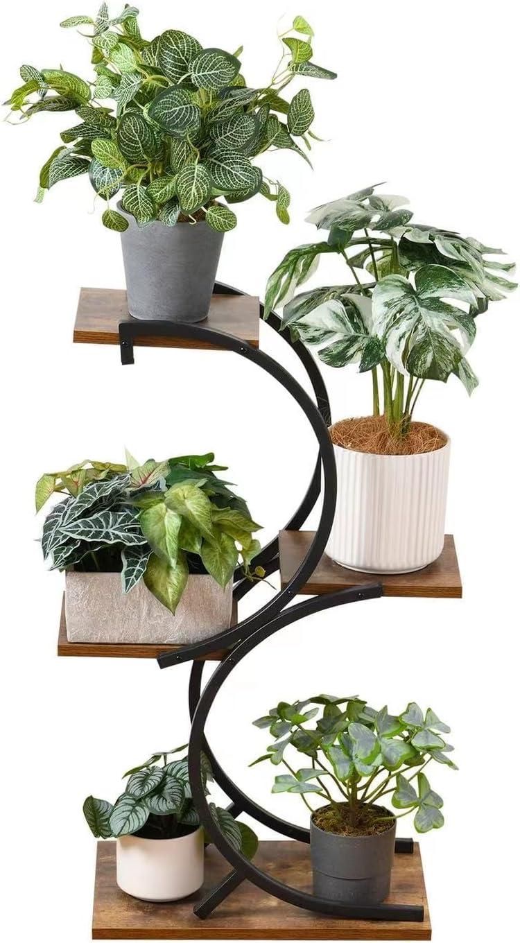 Black Iron and Wood 4-Tier Indoor Plant Stand