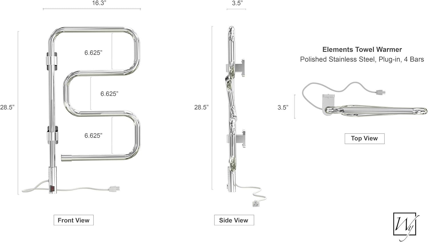 Elements Towel Warmer, Polished Chrome, Plug-in, 4 Bars