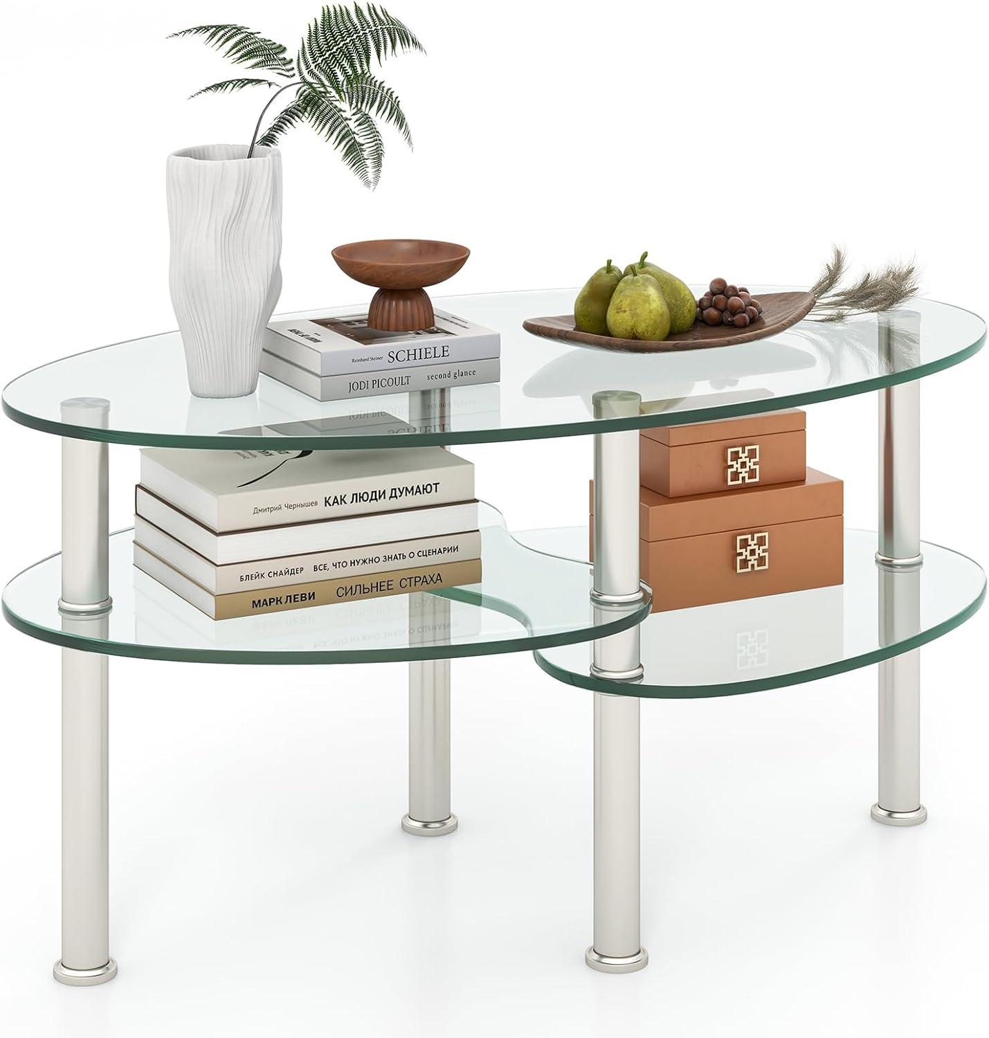 Costway Tempered Glass Oval Side Coffee Table Shelf Chrome Base Living Room Black