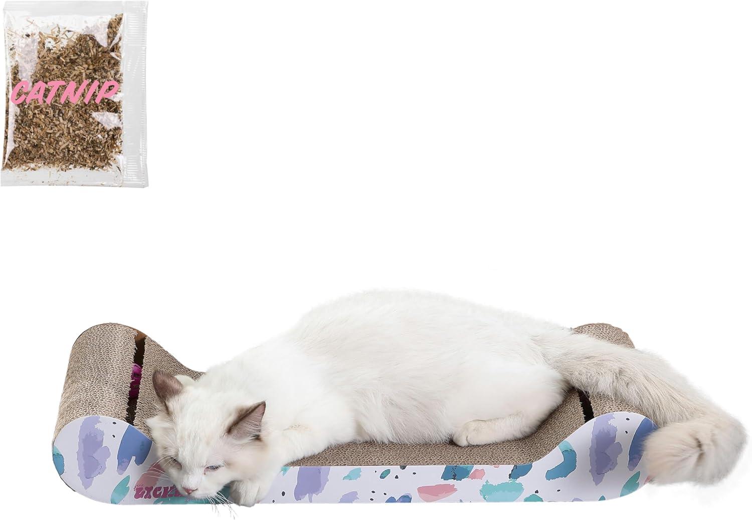 Rini 23.75" Modern Cardboard Lounge Bed Cat Scratcher with Built-In Bell Toys and Catnip, White/Multi (Set of 2)