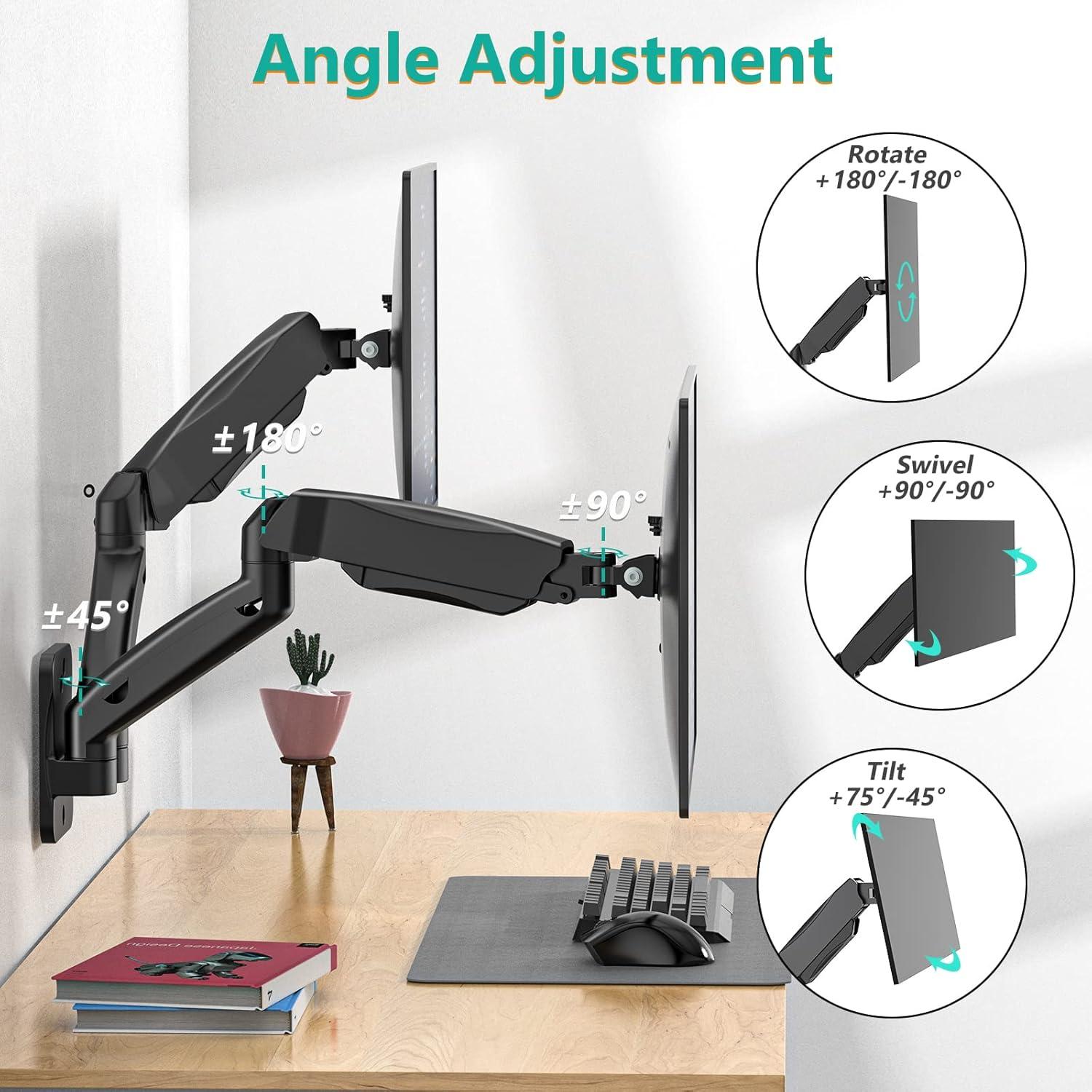 Black Dual Monitor Wall Mount with Gas Spring Arm for 27-32 Inch Screens