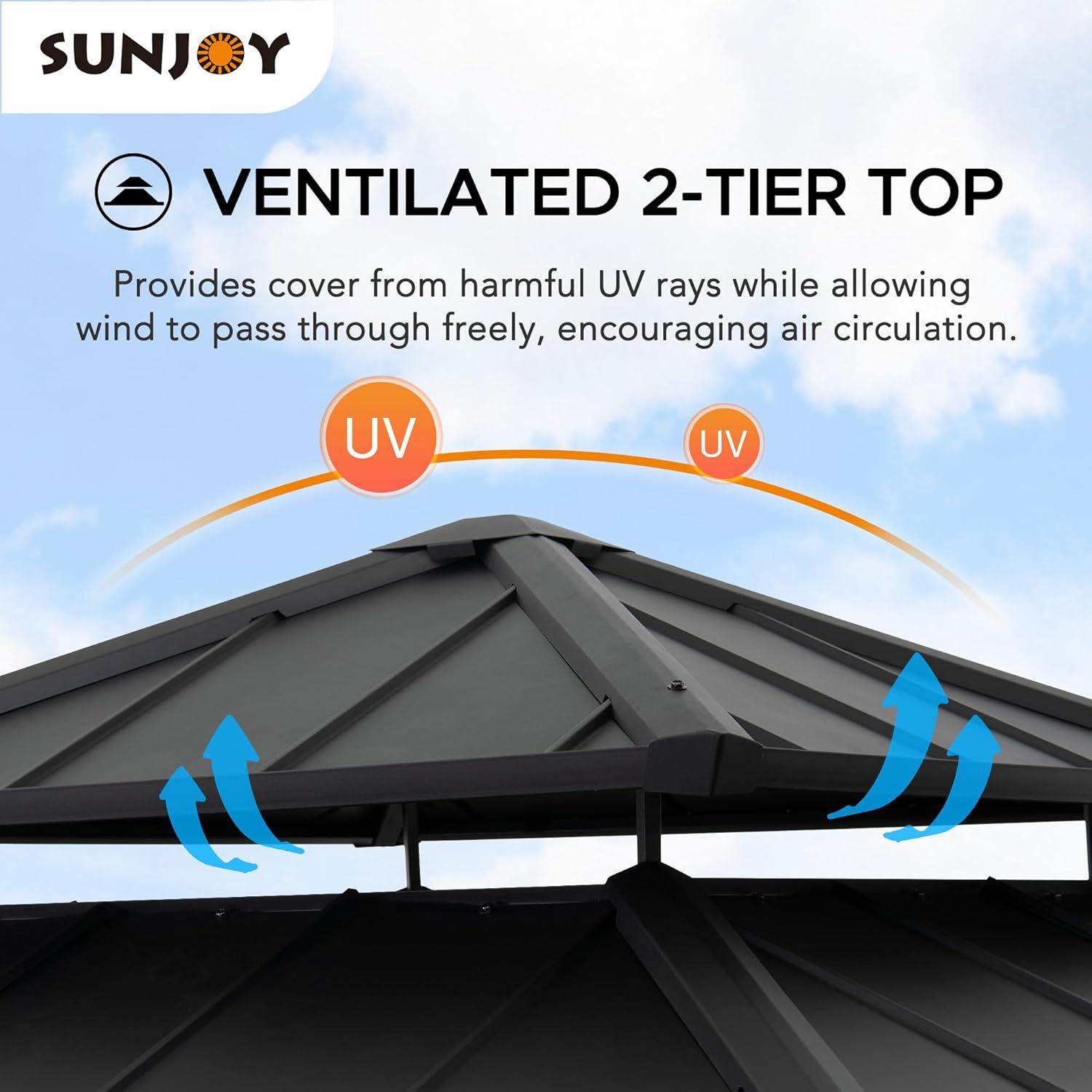 Sunjoy 11 ft. x 11 ft. Black 2-Tier Wooden Frame Hardtop Gazebo with Ceiling Hook