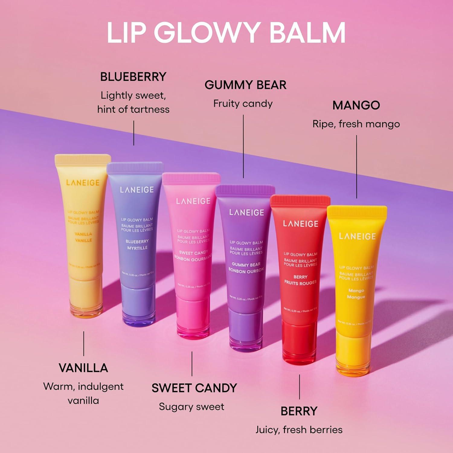 Mini Lip Glowy Balm Set with Berry, Gummy Bear, Sweet Candy, and Vanilla Flavors